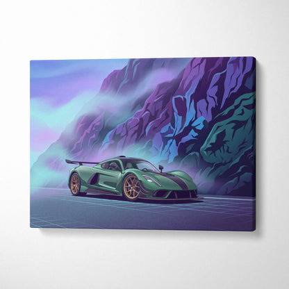 Venom F5 Inspired Green Purple Canvas Wall Art, Vaporwave Hypercar Artwork, Neon Mountain Garage Decor, Retro Futuristic Exotic Print