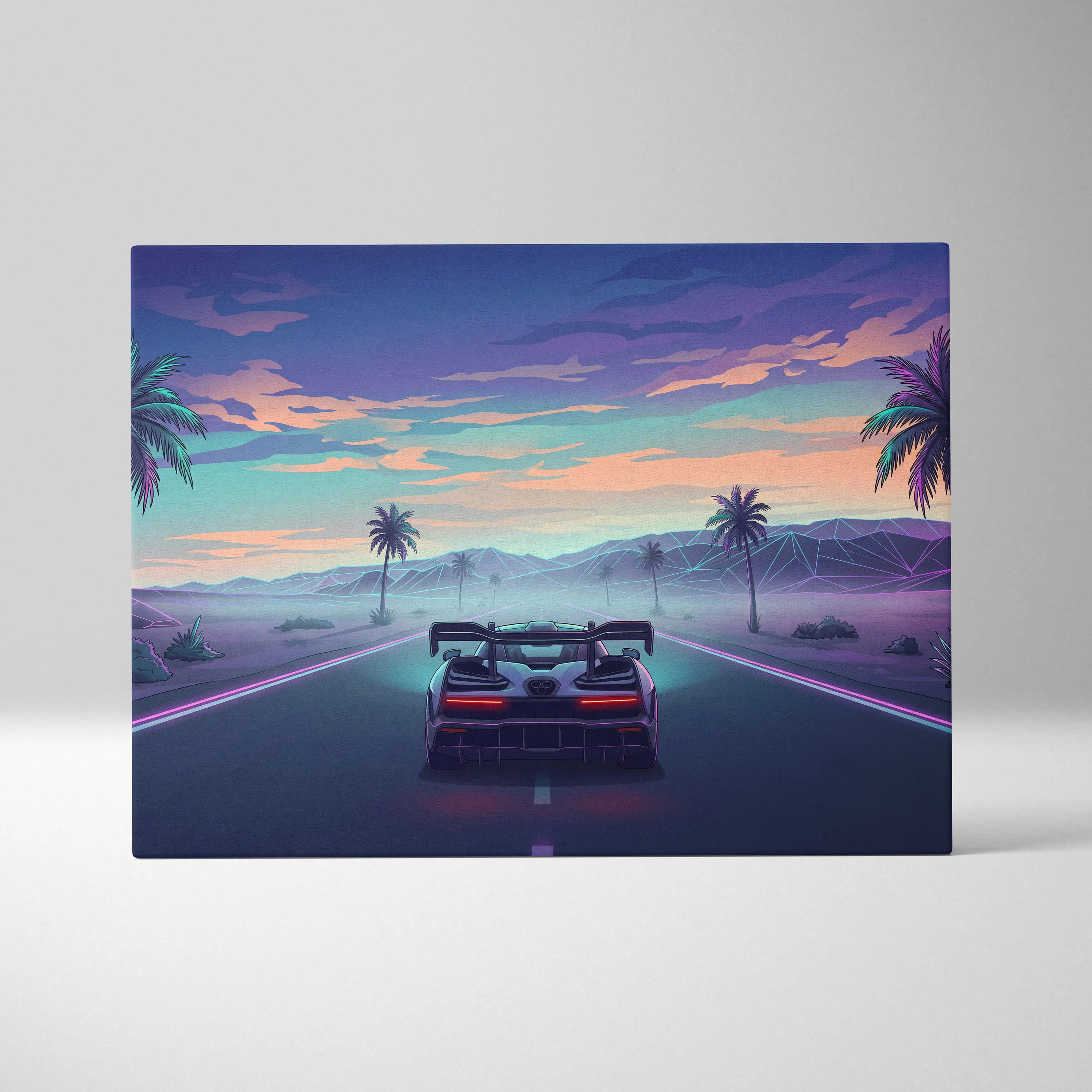 McLaren Senna Inspired Blue Purple Canvas Wall Art, Vaporwave Hypercar Artwork, Neon Desert Highway Decor, Retro Futuristic Print