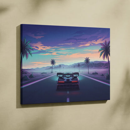 McLaren Senna Inspired Blue Purple Canvas Wall Art, Vaporwave Hypercar Artwork, Neon Desert Highway Decor, Retro Futuristic Print