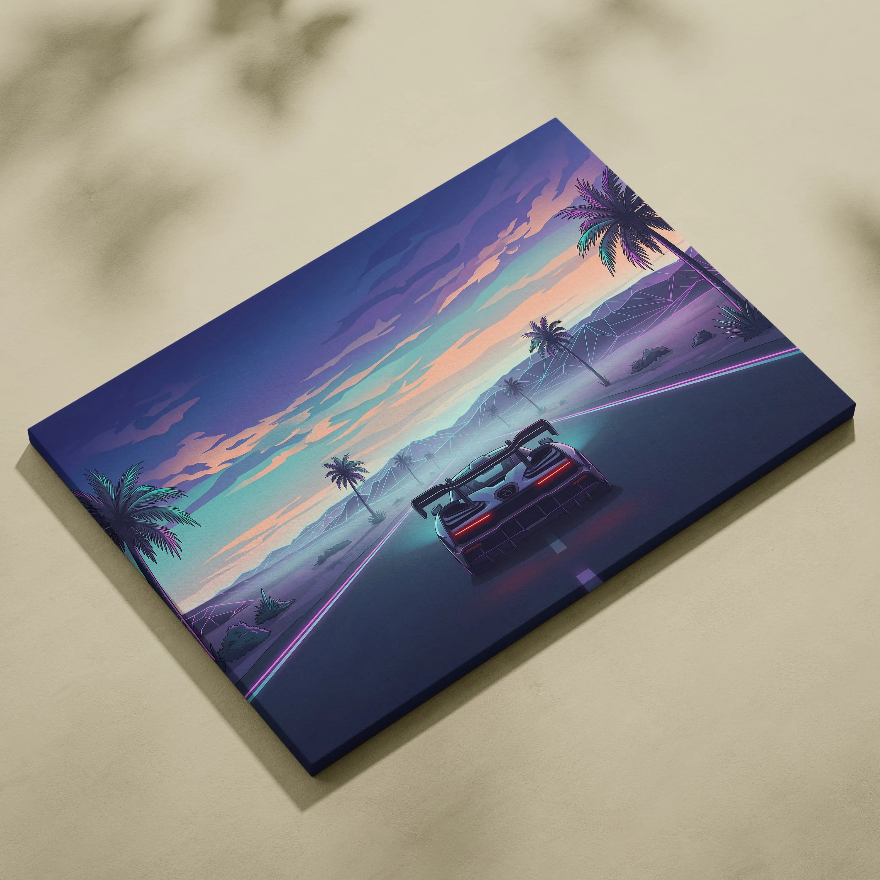 McLaren Senna Inspired Blue Purple Canvas Wall Art, Vaporwave Hypercar Artwork, Neon Desert Highway Decor, Retro Futuristic Print