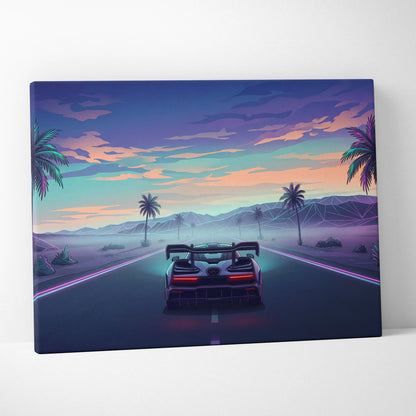 McLaren Senna Inspired Blue Purple Canvas Wall Art, Vaporwave Hypercar Artwork, Neon Desert Highway Decor, Retro Futuristic Print