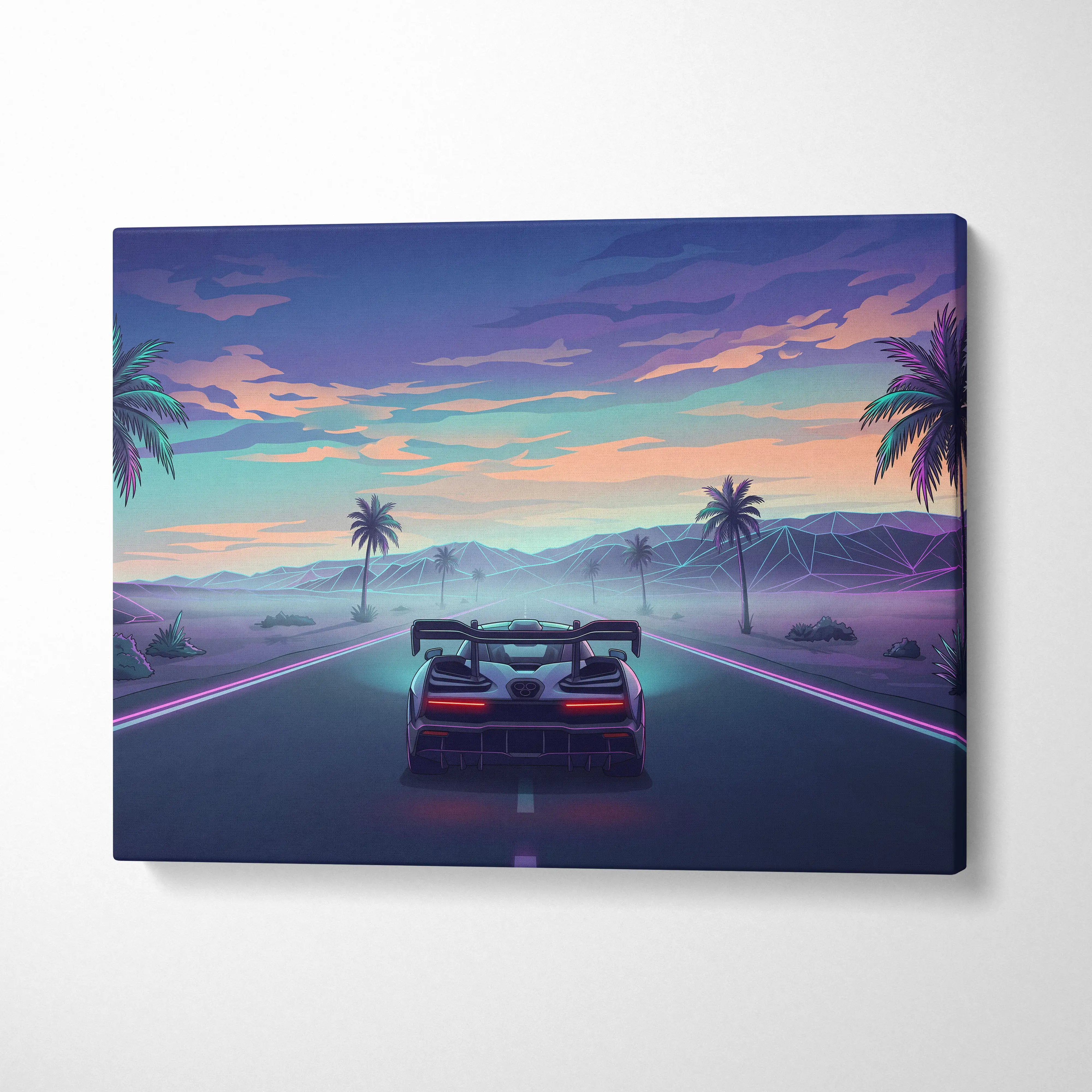 McLaren Senna Inspired Blue Purple Canvas Wall Art, Vaporwave Hypercar Artwork, Neon Desert Highway Decor, Retro Futuristic Print