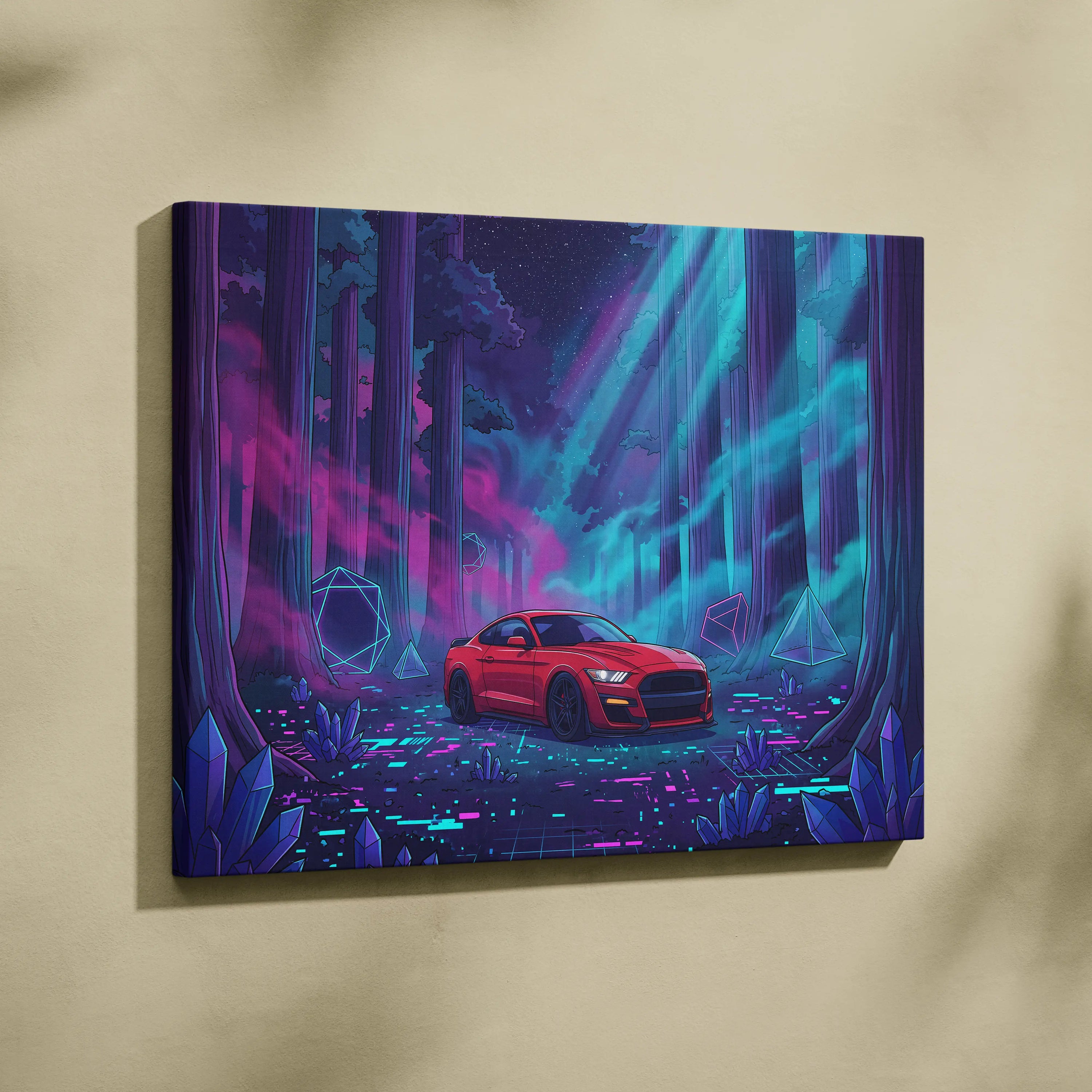 Ford Mustang Shelby GT500 Inspired Red Teal Canvas Wall Art Vaporwave Muscle Car Artwork Neon Forest Garage Decor Futuristic Night Print
