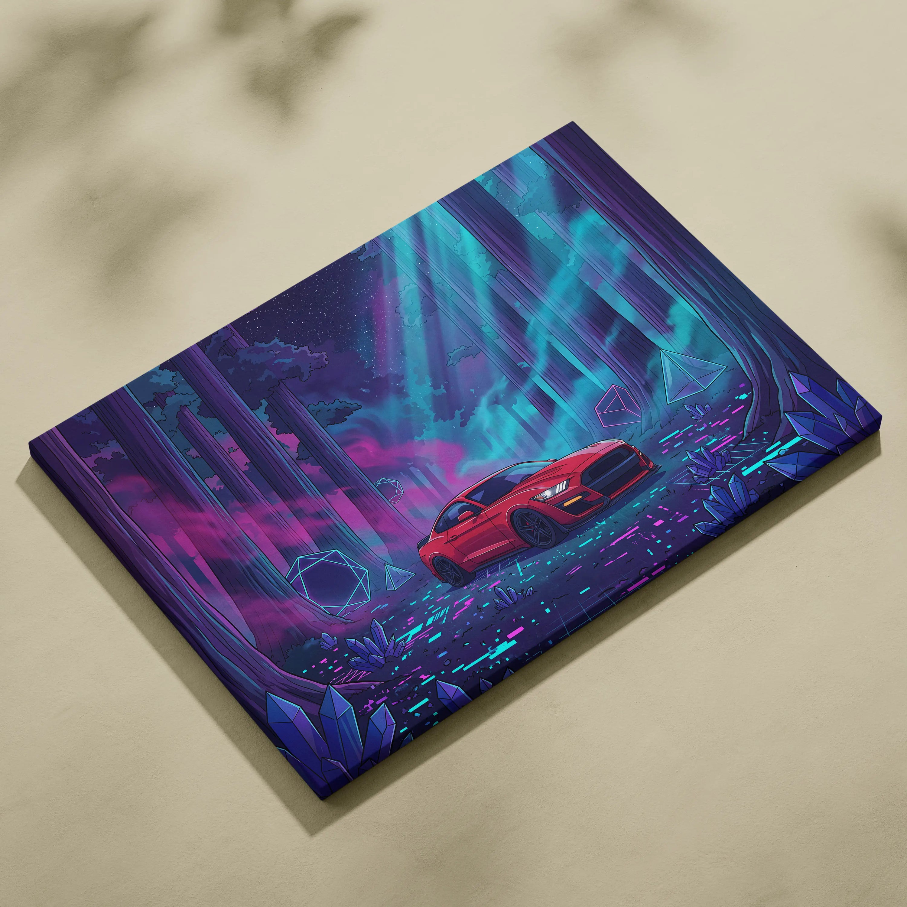 Ford Mustang Shelby GT500 Inspired Red Teal Canvas Wall Art Vaporwave Muscle Car Artwork Neon Forest Garage Decor Futuristic Night Print