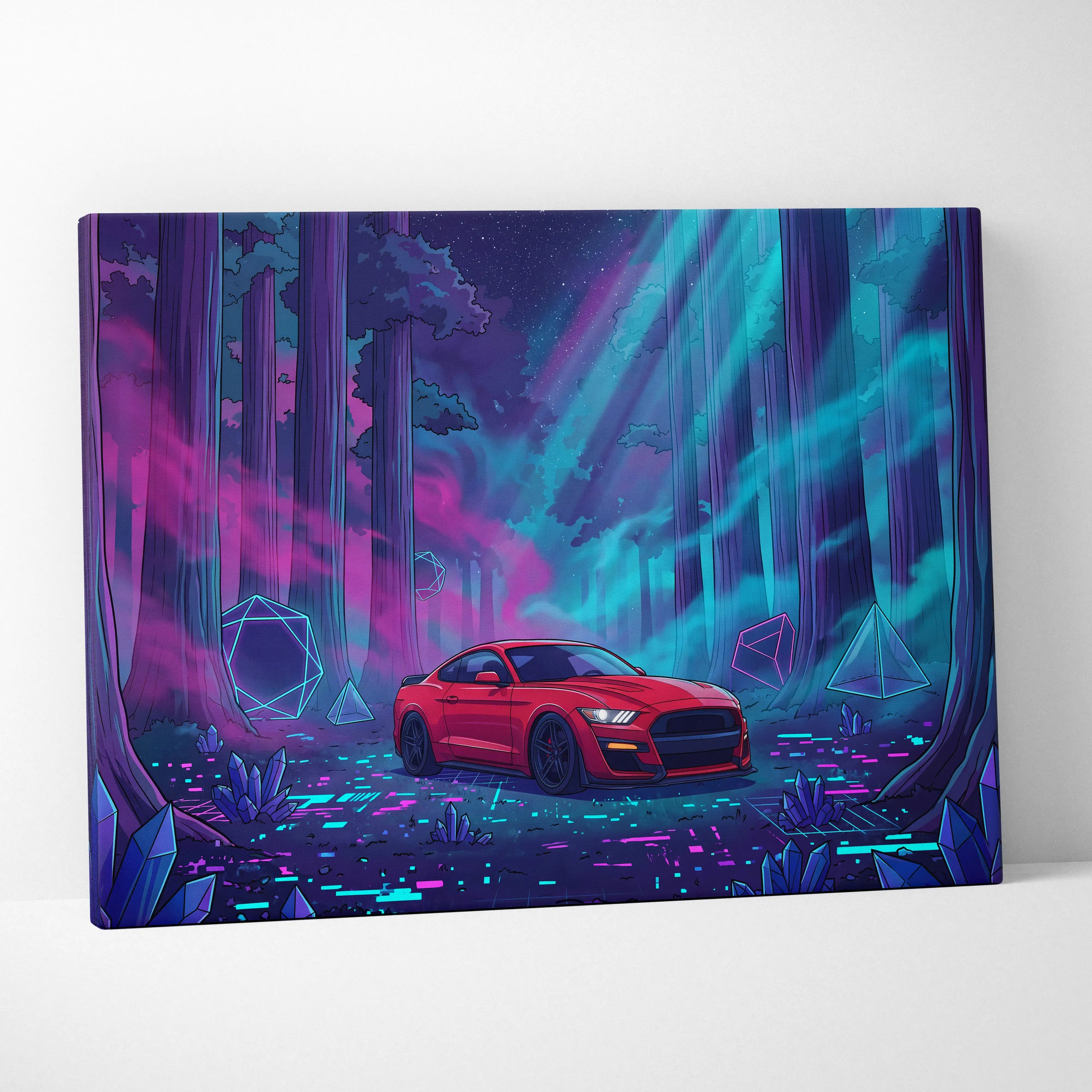 Ford Mustang Shelby GT500 Inspired Red Teal Canvas Wall Art Vaporwave Muscle Car Artwork Neon Forest Garage Decor Futuristic Night Print