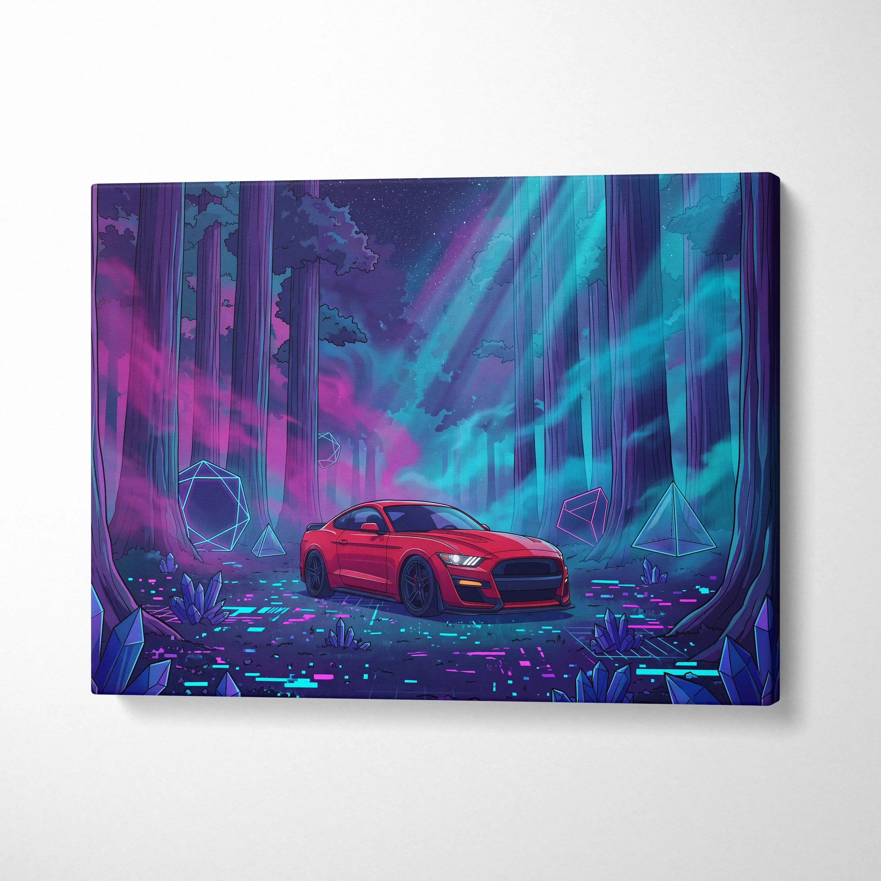 Ford Mustang Shelby GT500 Inspired Red Teal Canvas Wall Art Vaporwave Muscle Car Artwork Neon Forest Garage Decor Futuristic Night Print