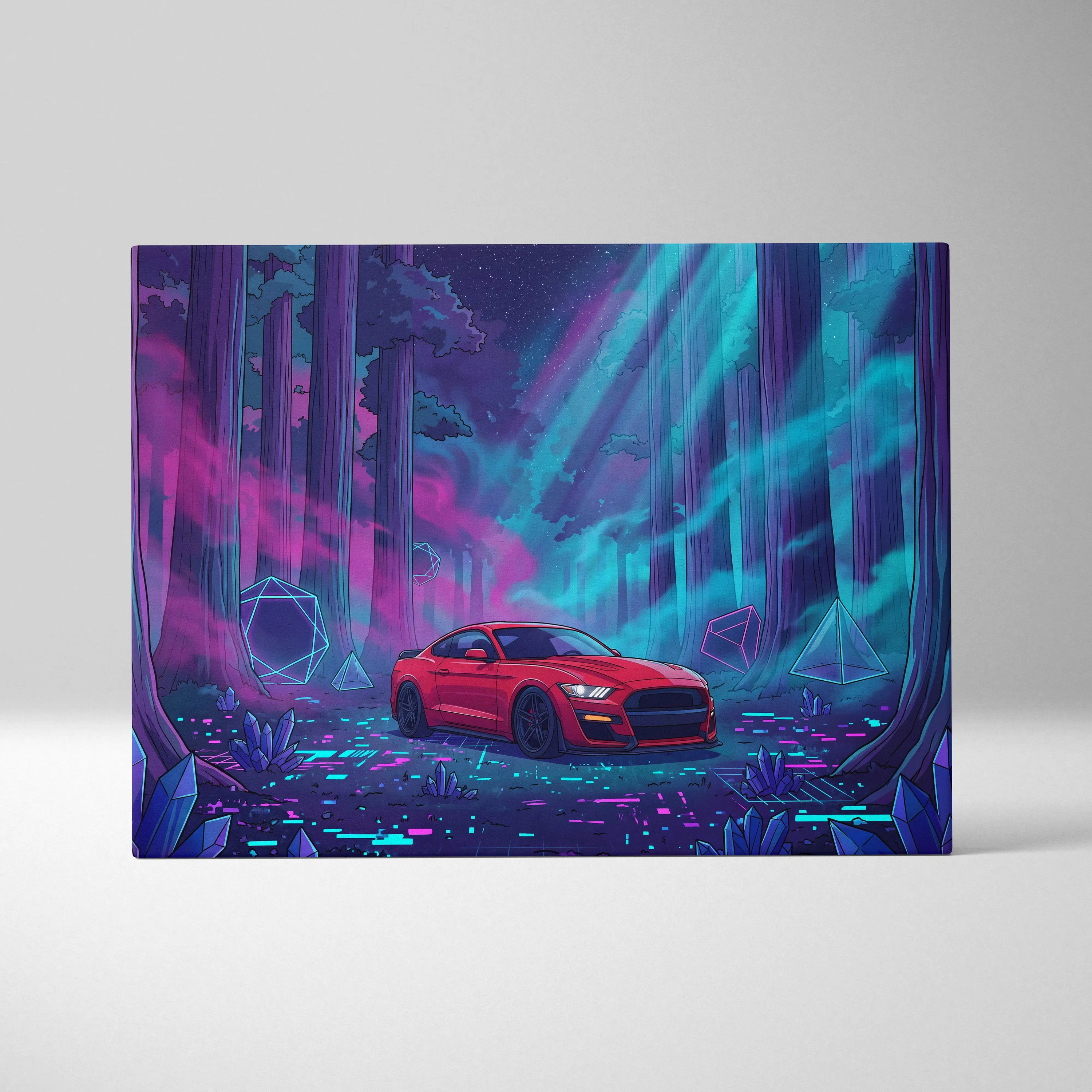 Ford Mustang Shelby GT500 Inspired Red Teal Canvas Wall Art Vaporwave Muscle Car Artwork Neon Forest Garage Decor Futuristic Night Print