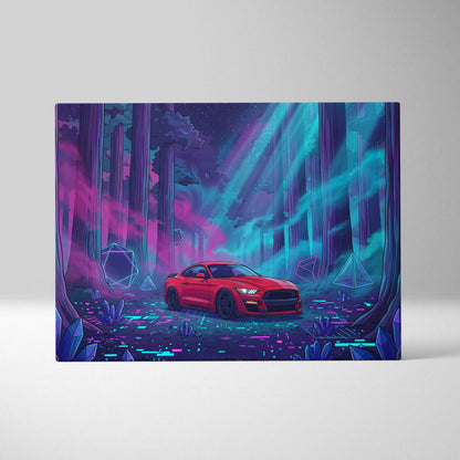 Ford Mustang Shelby GT500 Inspired Red Teal Canvas Wall Art Vaporwave Muscle Car Artwork Neon Forest Garage Decor Futuristic Night Print