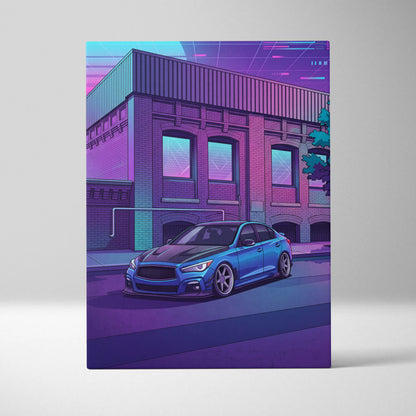 Infiniti Q50 Inspired Vaporwave Car Canvas - Car Neon Blue Purple Living Room Vaporwave Nostalgic Retrofuturism Neon City Wall Art Canvas