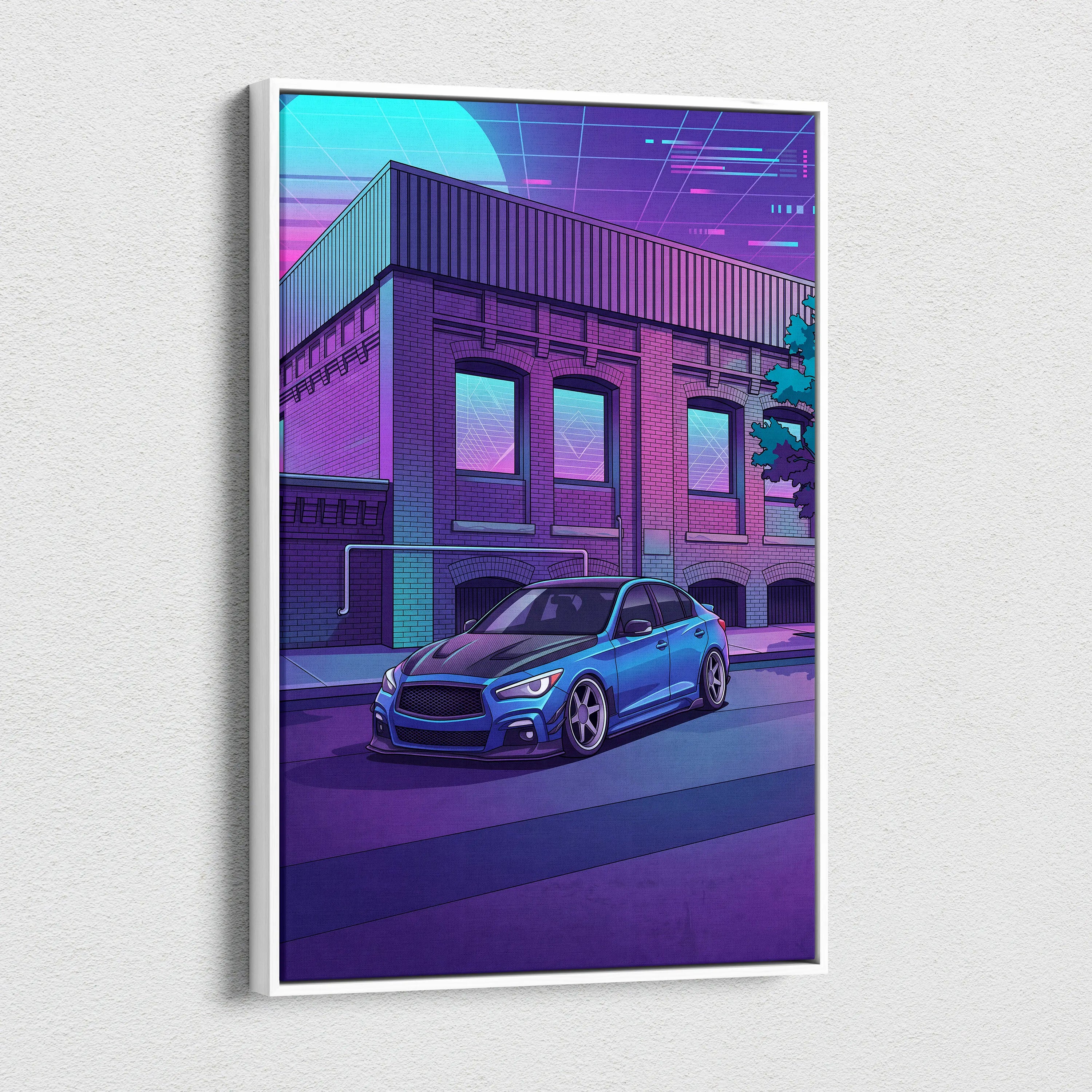 Infiniti Q50 Inspired Vaporwave Car Canvas - Car Neon Blue Purple Living Room Vaporwave Nostalgic Retrofuturism Neon City Wall Art Canvas
