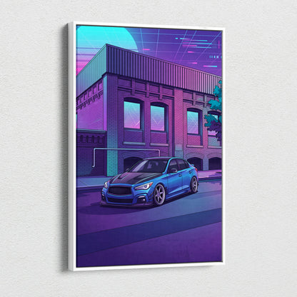 Infiniti Q50 Inspired Vaporwave Car Canvas - Car Neon Blue Purple Living Room Vaporwave Nostalgic Retrofuturism Neon City Wall Art Canvas