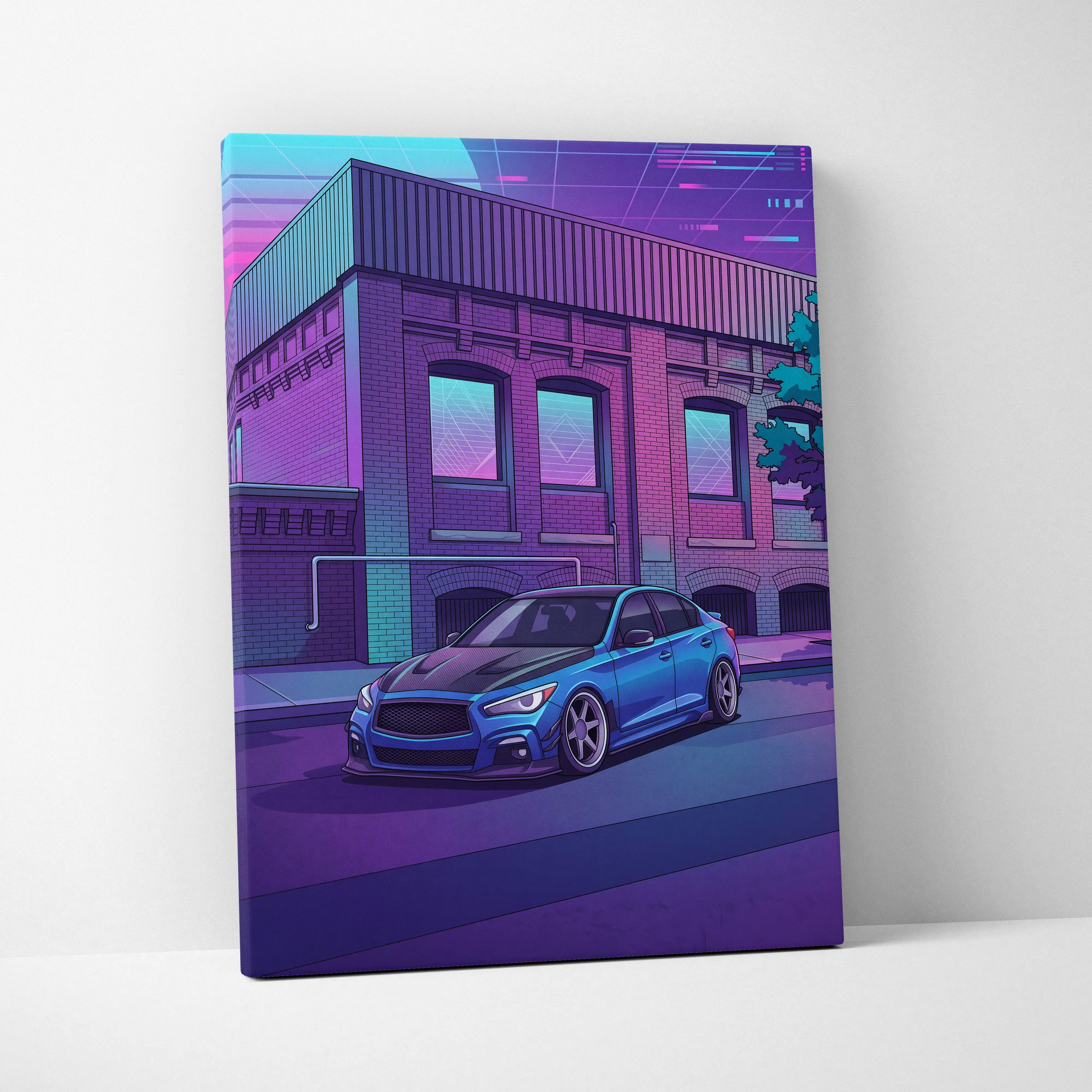 Infiniti Q50 Inspired Vaporwave Car Canvas - Car Neon Blue Purple Living Room Vaporwave Nostalgic Retrofuturism Neon City Wall Art Canvas