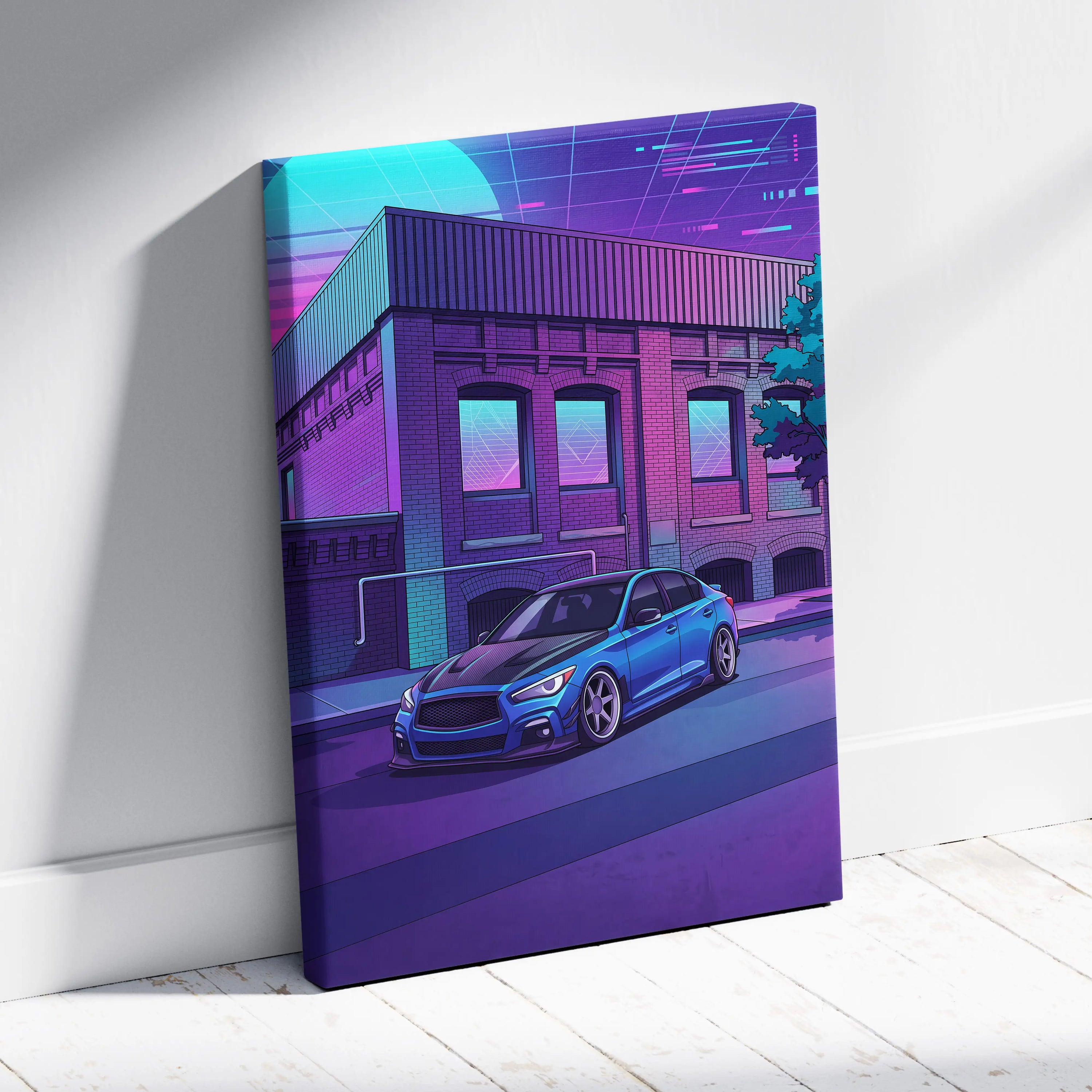 Infiniti Q50 Inspired Vaporwave Car Canvas - Car Neon Blue Purple Living Room Vaporwave Nostalgic Retrofuturism Neon City Wall Art Canvas