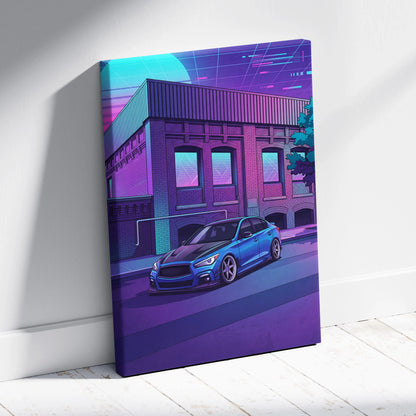 Infiniti Q50 Inspired Vaporwave Car Canvas - Car Neon Blue Purple Living Room Vaporwave Nostalgic Retrofuturism Neon City Wall Art Canvas