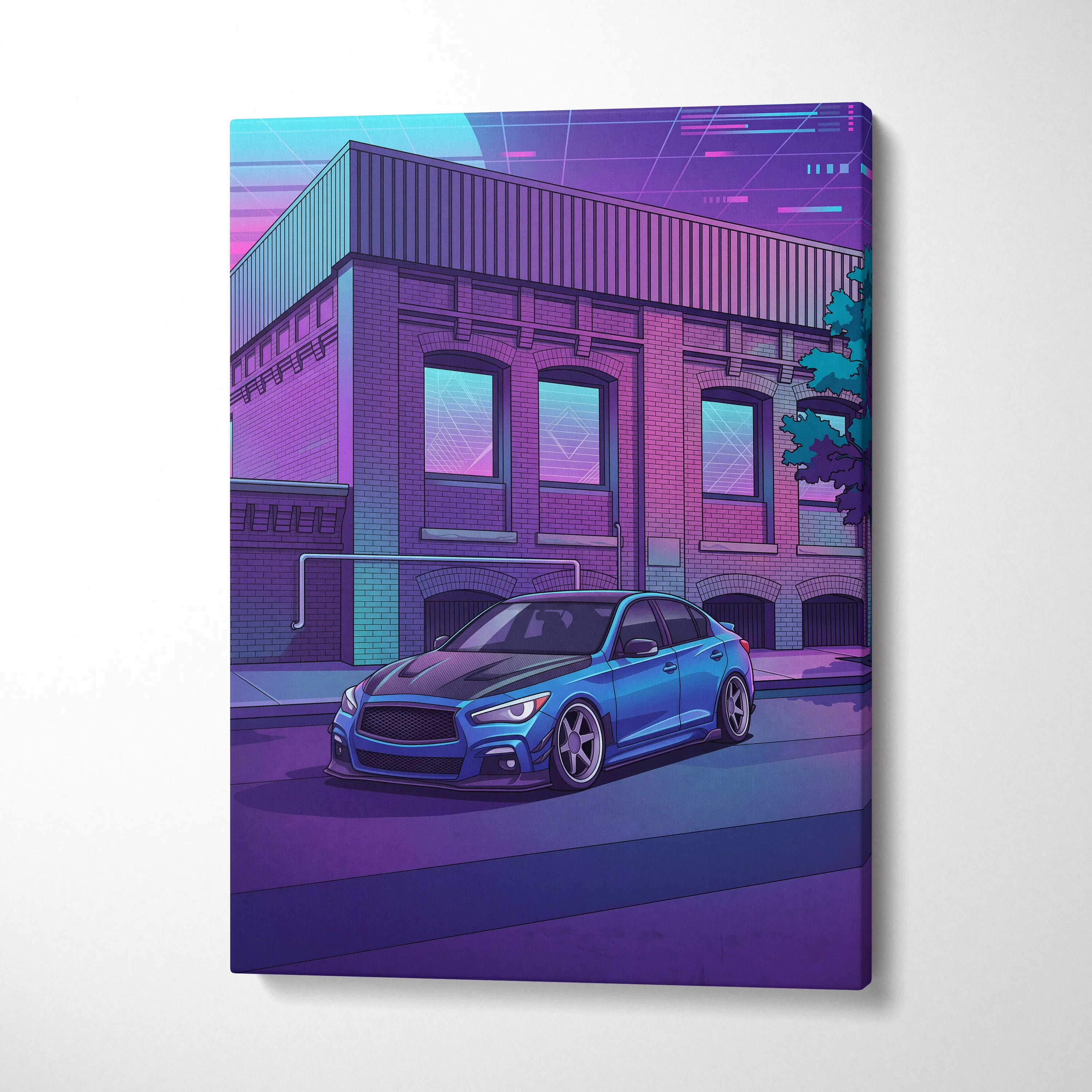 Infiniti Q50 Inspired Vaporwave Car Canvas - Car Neon Blue Purple Living Room Vaporwave Nostalgic Retrofuturism Neon City Wall Art Canvas