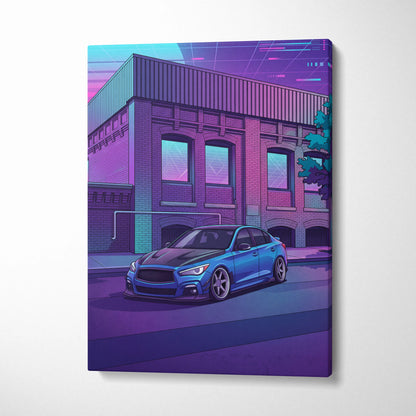 Infiniti Q50 Inspired Vaporwave Car Canvas - Car Neon Blue Purple Living Room Vaporwave Nostalgic Retrofuturism Neon City Wall Art Canvas