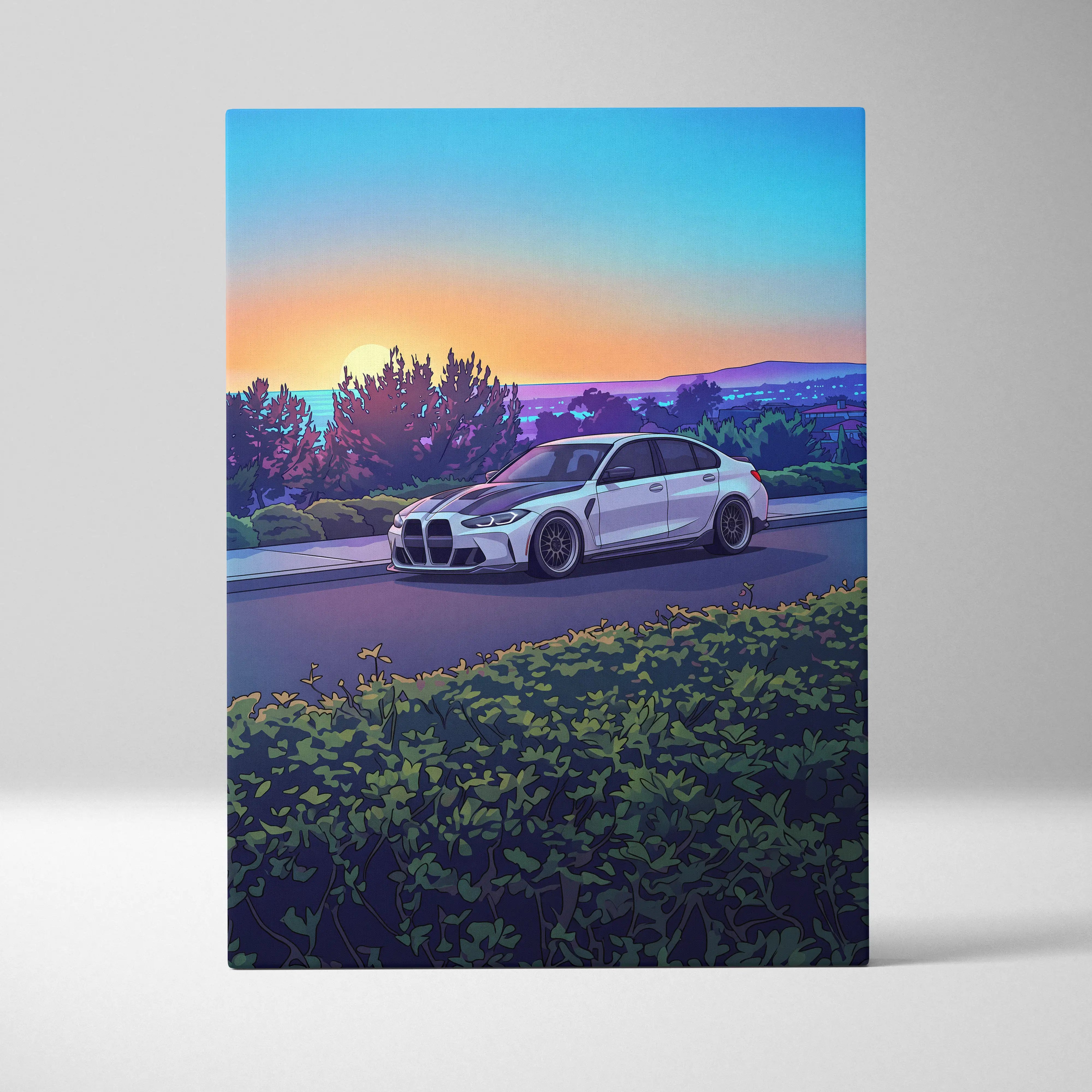 BMW M3 Inspired Vaporwave Car Canvas - Vaporwave Car Art Neon Sunset Living Room Retro Futurism Nostalgic Mood Canvas Print