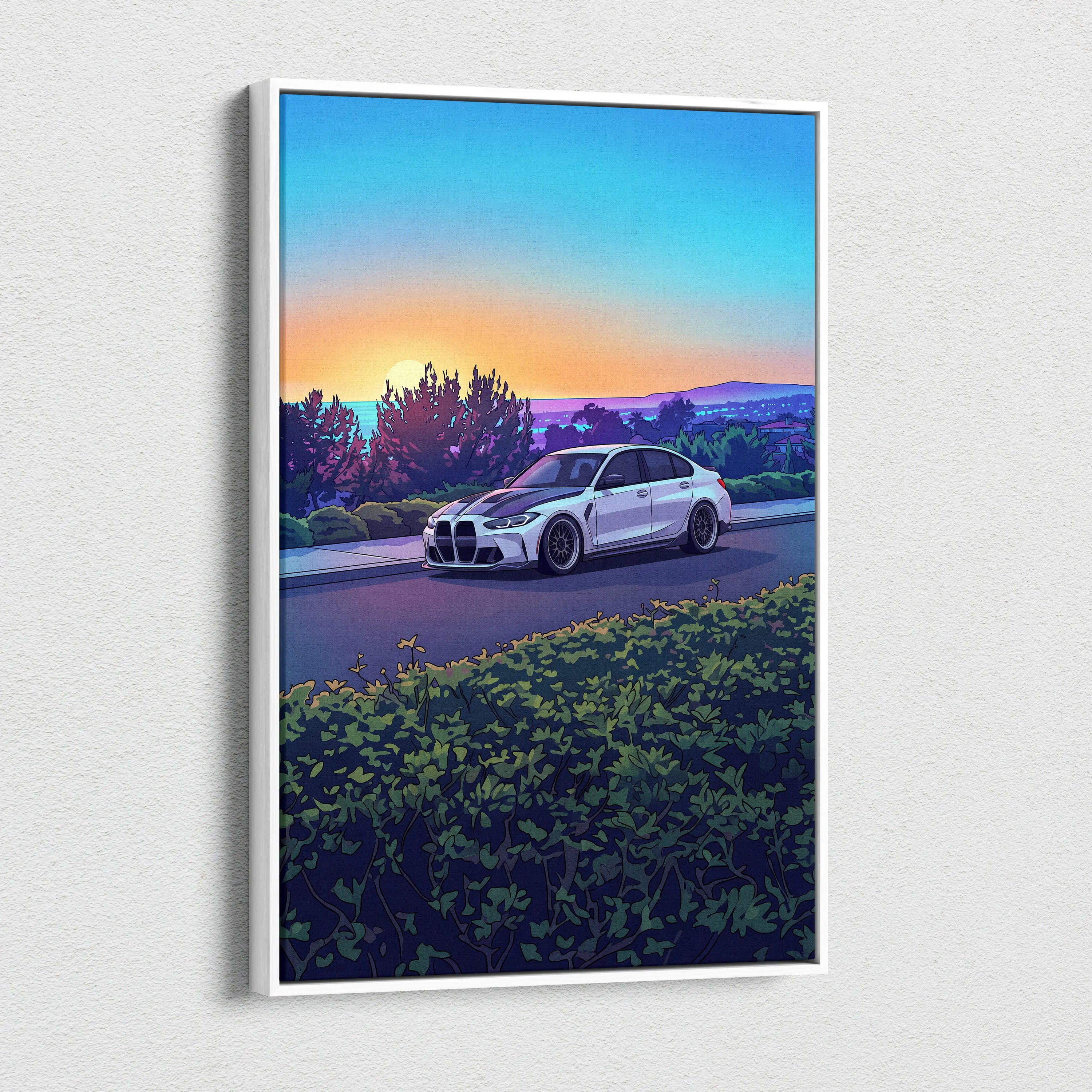 BMW M3 Inspired Vaporwave Car Canvas - Vaporwave Car Art Neon Sunset Living Room Retro Futurism Nostalgic Mood Canvas Print