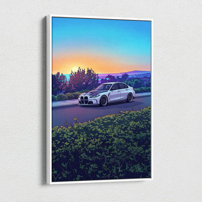 BMW M3 Inspired Vaporwave Car Canvas - Vaporwave Car Art Neon Sunset Living Room Retro Futurism Nostalgic Mood Canvas Print