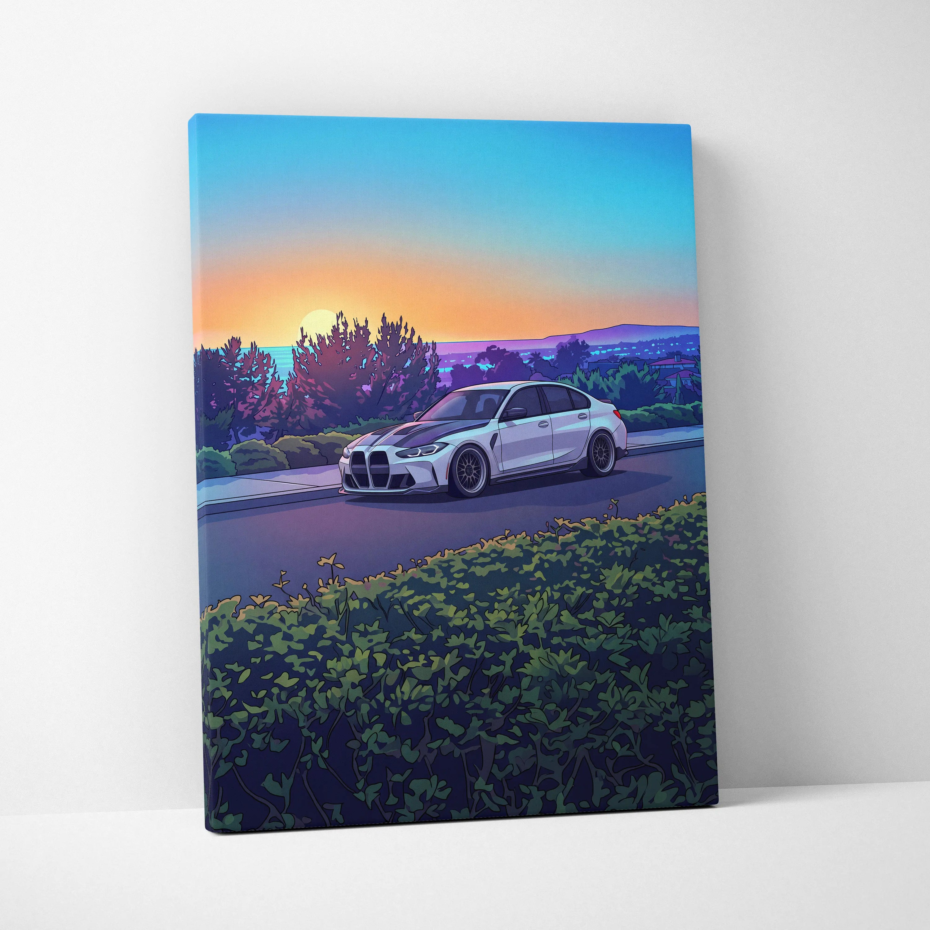 BMW M3 Inspired Vaporwave Car Canvas - Vaporwave Car Art Neon Sunset Living Room Retro Futurism Nostalgic Mood Canvas Print
