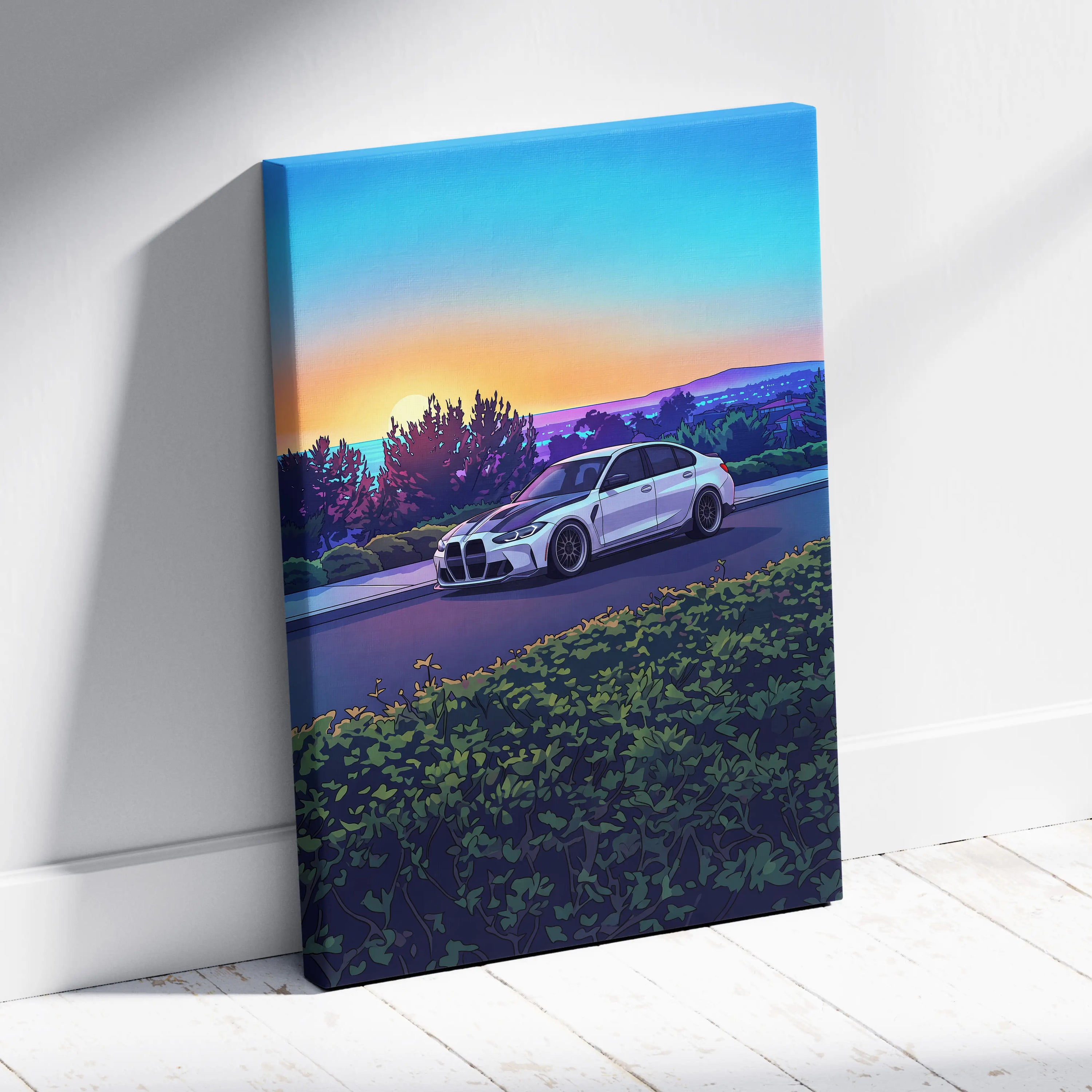 BMW M3 Inspired Vaporwave Car Canvas - Vaporwave Car Art Neon Sunset Living Room Retro Futurism Nostalgic Mood Canvas Print