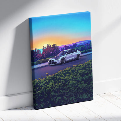 BMW M3 Inspired Vaporwave Car Canvas - Vaporwave Car Art Neon Sunset Living Room Retro Futurism Nostalgic Mood Canvas Print