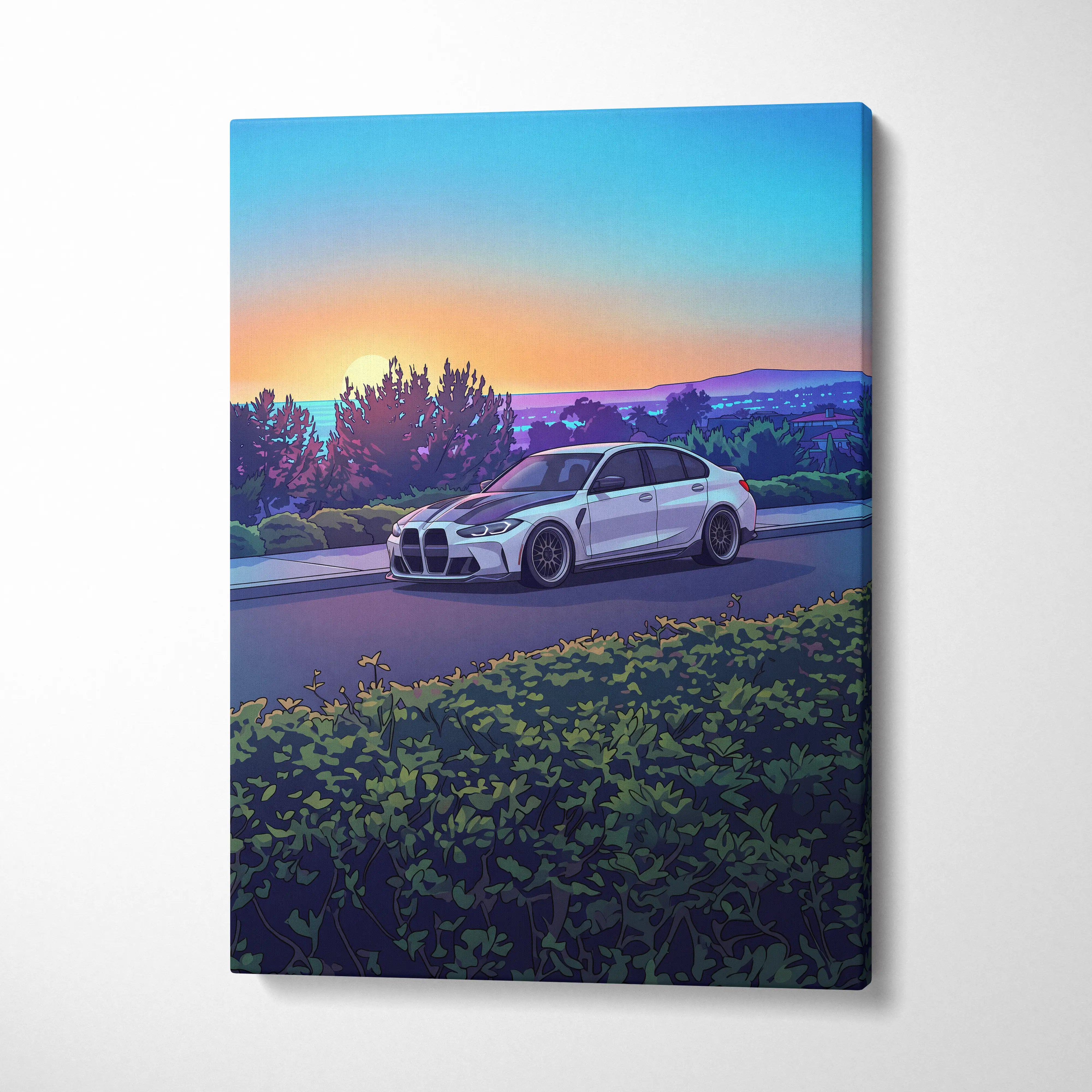 BMW M3 Inspired Vaporwave Car Canvas - Vaporwave Car Art Neon Sunset Living Room Retro Futurism Nostalgic Mood Canvas Print