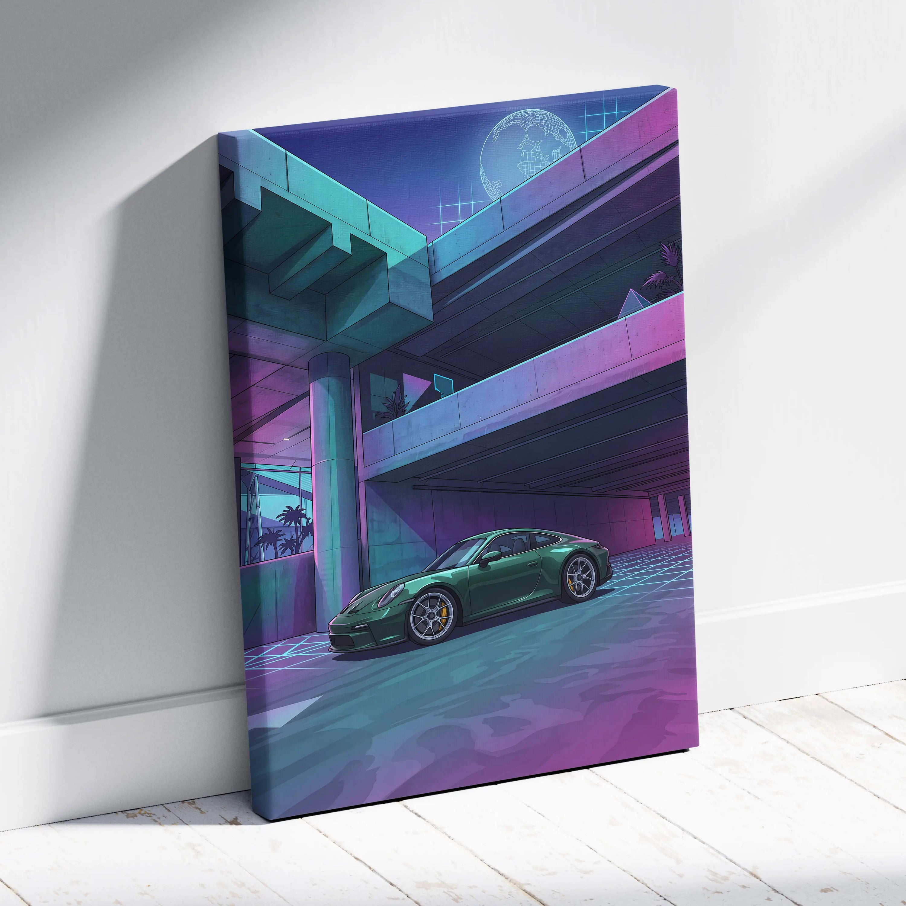 Porsche 911 GT3 Inspired Vaporwave Car Canvas - Car Neon Blues Purple Teal Living Room Vaporwave Futurism Mood Nostalgic Vaporwave Canvas