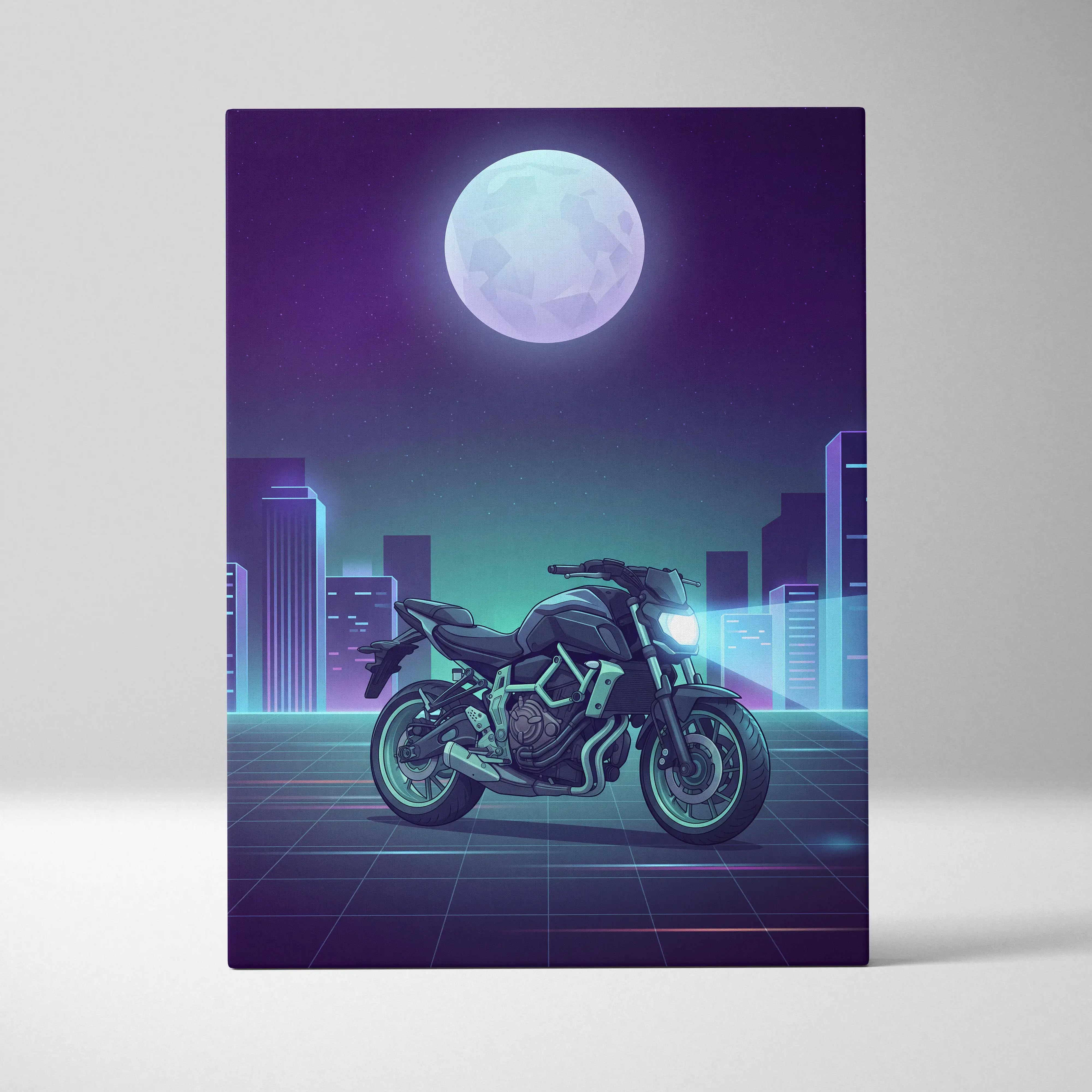 Yamaha MT-07 Inspired Teal Purple Vaporwave Motorcycle Canvas Wall Art Neon City Naked Bike Artwork Retro Futuristic Garage Decor