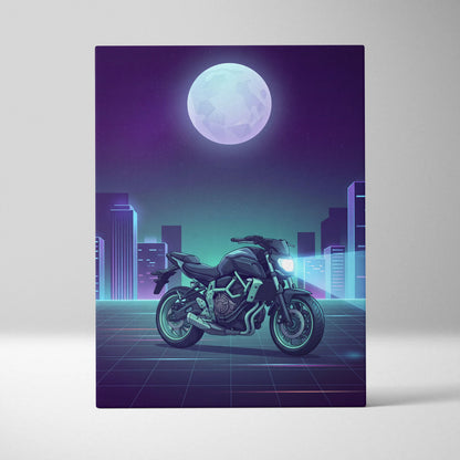 Yamaha MT-07 Inspired Teal Purple Vaporwave Motorcycle Canvas Wall Art Neon City Naked Bike Artwork Retro Futuristic Garage Decor