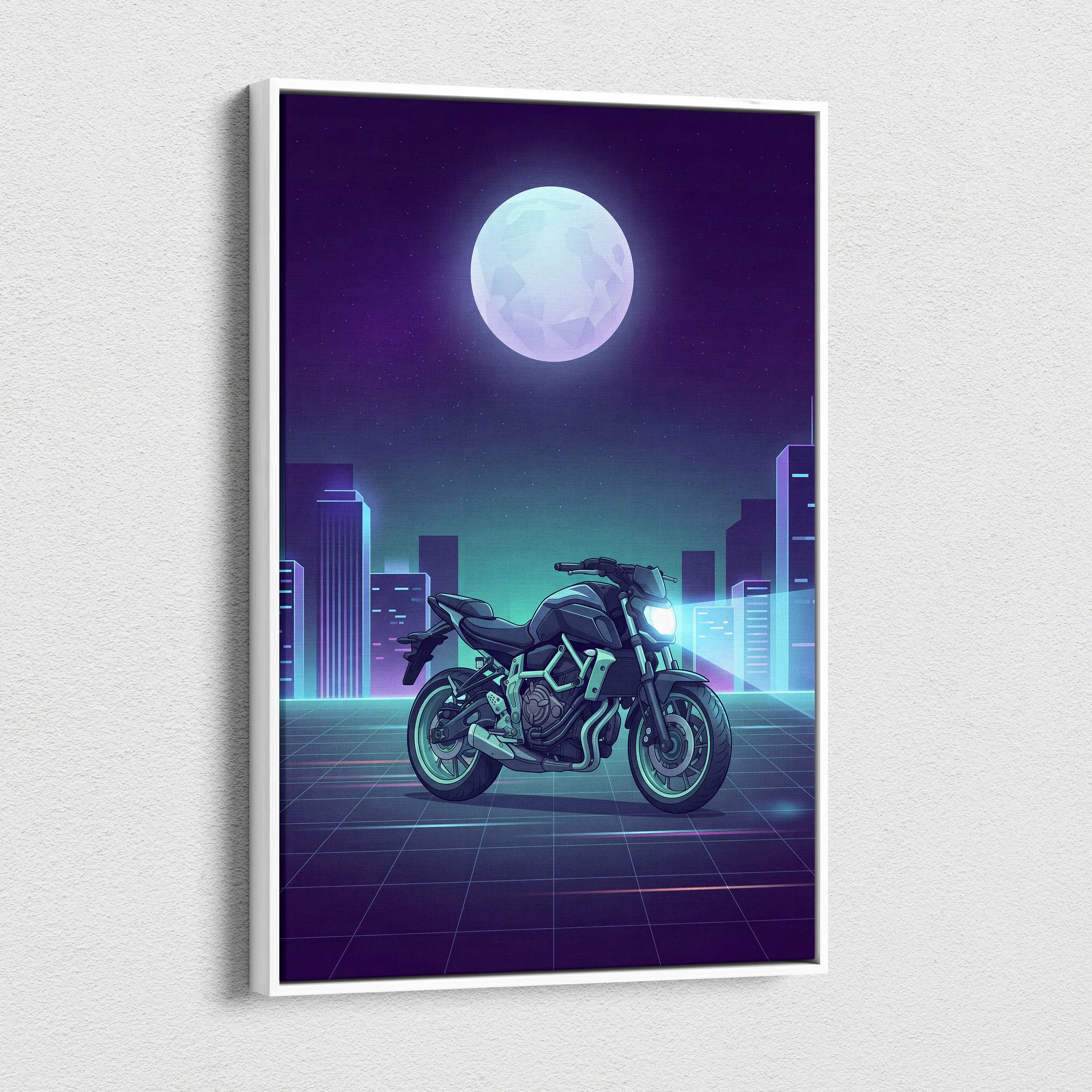 Yamaha MT-07 Inspired Teal Purple Vaporwave Motorcycle Canvas Wall Art Neon City Naked Bike Artwork Retro Futuristic Garage Decor