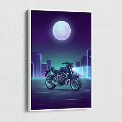 Yamaha MT-07 Inspired Teal Purple Vaporwave Motorcycle Canvas Wall Art Neon City Naked Bike Artwork Retro Futuristic Garage Decor
