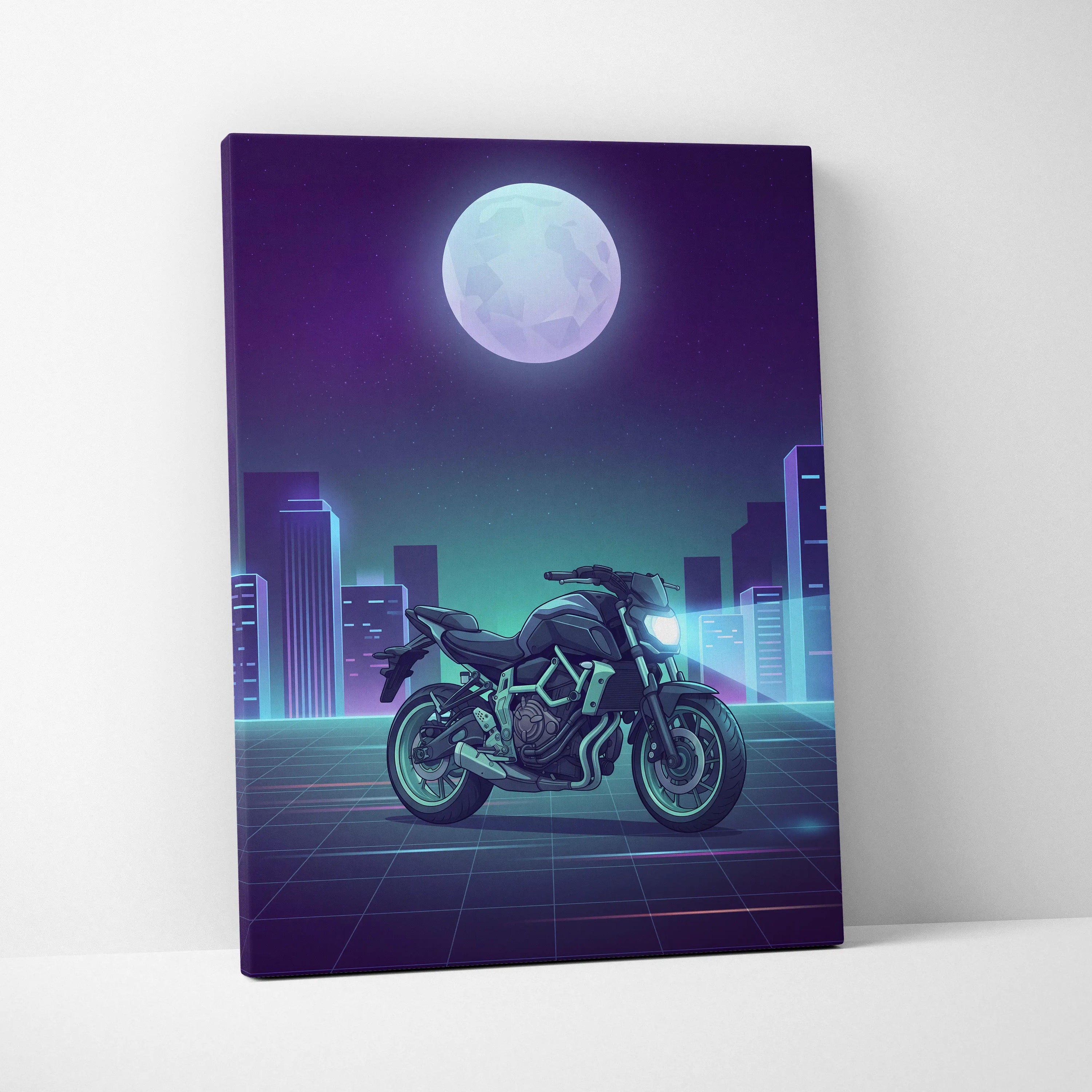 Yamaha MT-07 Inspired Teal Purple Vaporwave Motorcycle Canvas Wall Art Neon City Naked Bike Artwork Retro Futuristic Garage Decor