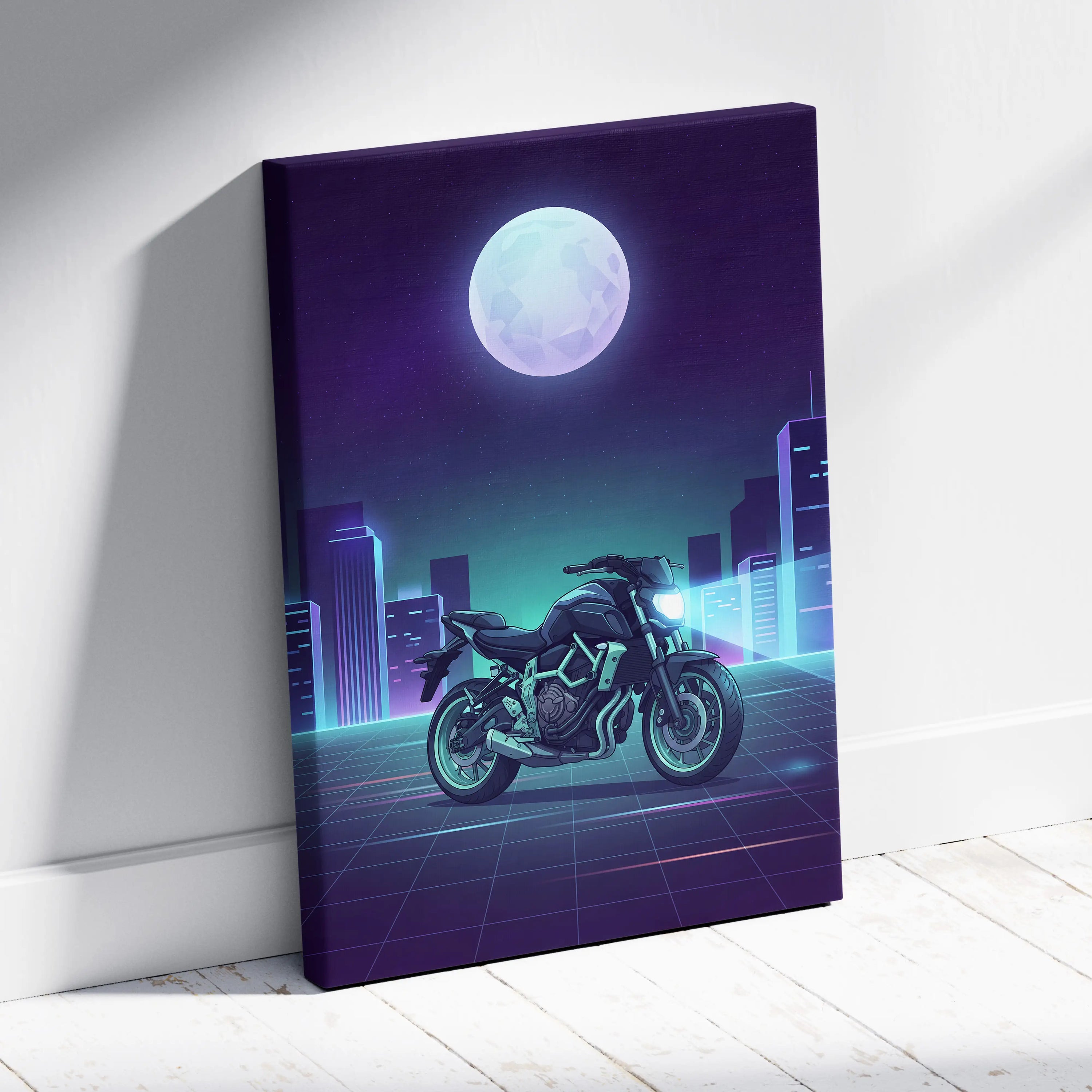 Yamaha MT-07 Inspired Teal Purple Vaporwave Motorcycle Canvas Wall Art Neon City Naked Bike Artwork Retro Futuristic Garage Decor