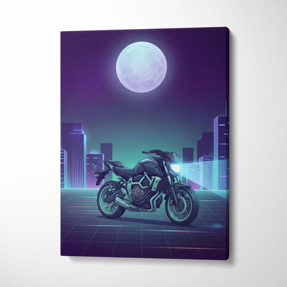 Yamaha MT-07 Inspired Teal Purple Vaporwave Motorcycle Canvas Wall Art Neon City Naked Bike Artwork Retro Futuristic Garage Decor