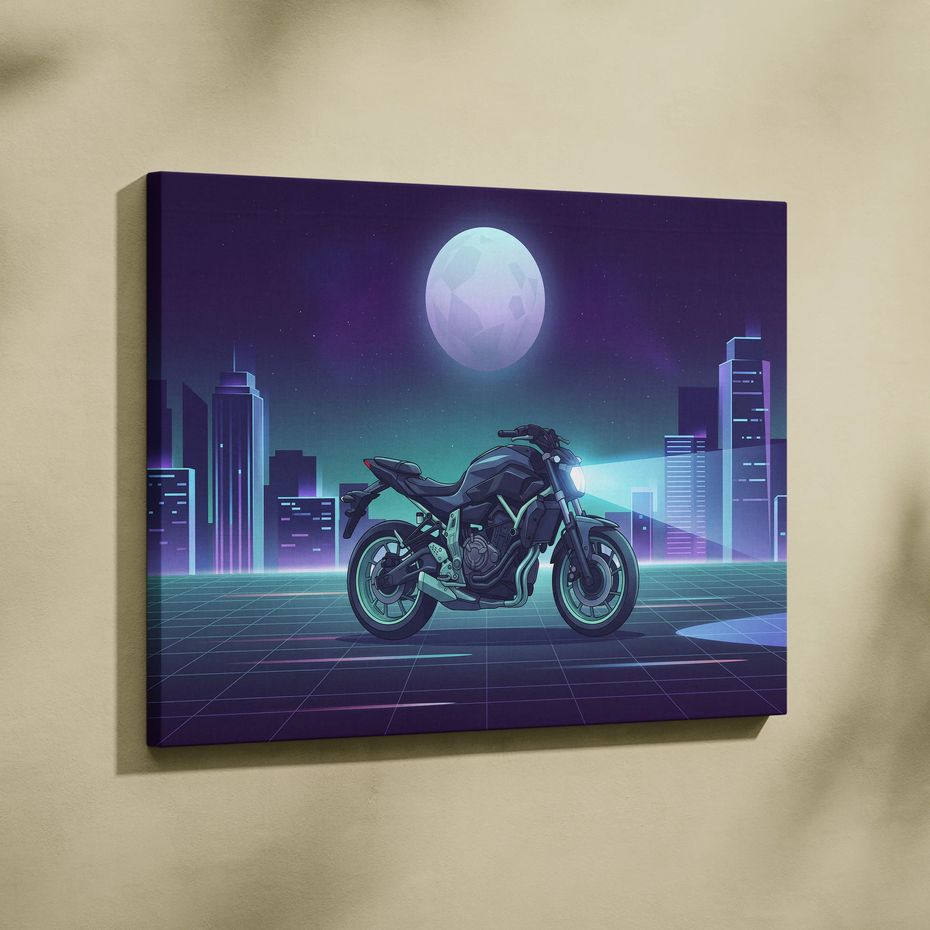 Yamaha MT-07 Inspired Teal Purple Vaporwave Motorcycle Canvas Wall Art Neon City Naked Bike Artwork Retro Futuristic Garage Decor