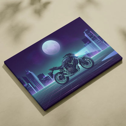 Yamaha MT-07 Inspired Teal Purple Vaporwave Motorcycle Canvas Wall Art Neon City Naked Bike Artwork Retro Futuristic Garage Decor