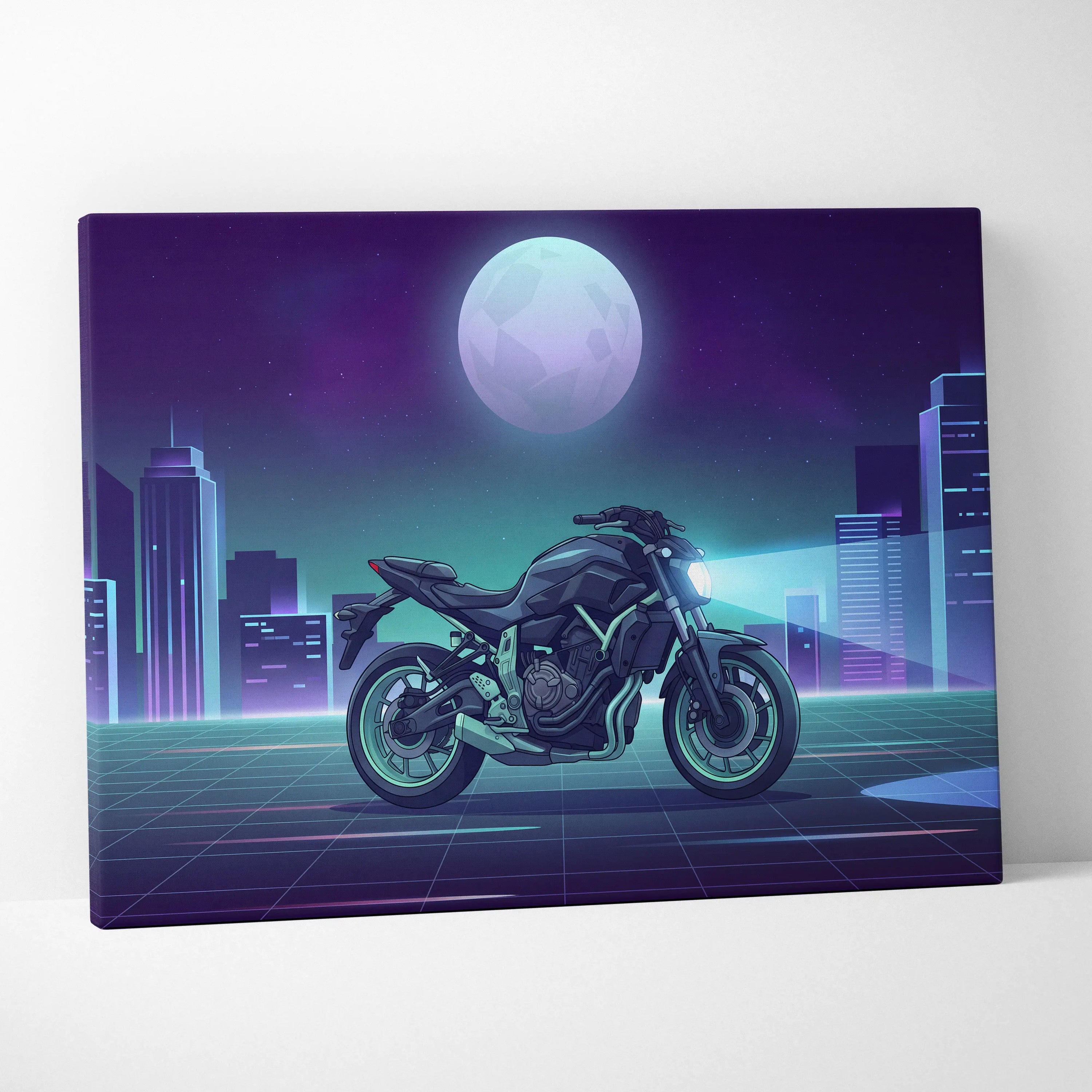Yamaha MT-07 Inspired Teal Purple Vaporwave Motorcycle Canvas Wall Art Neon City Naked Bike Artwork Retro Futuristic Garage Decor
