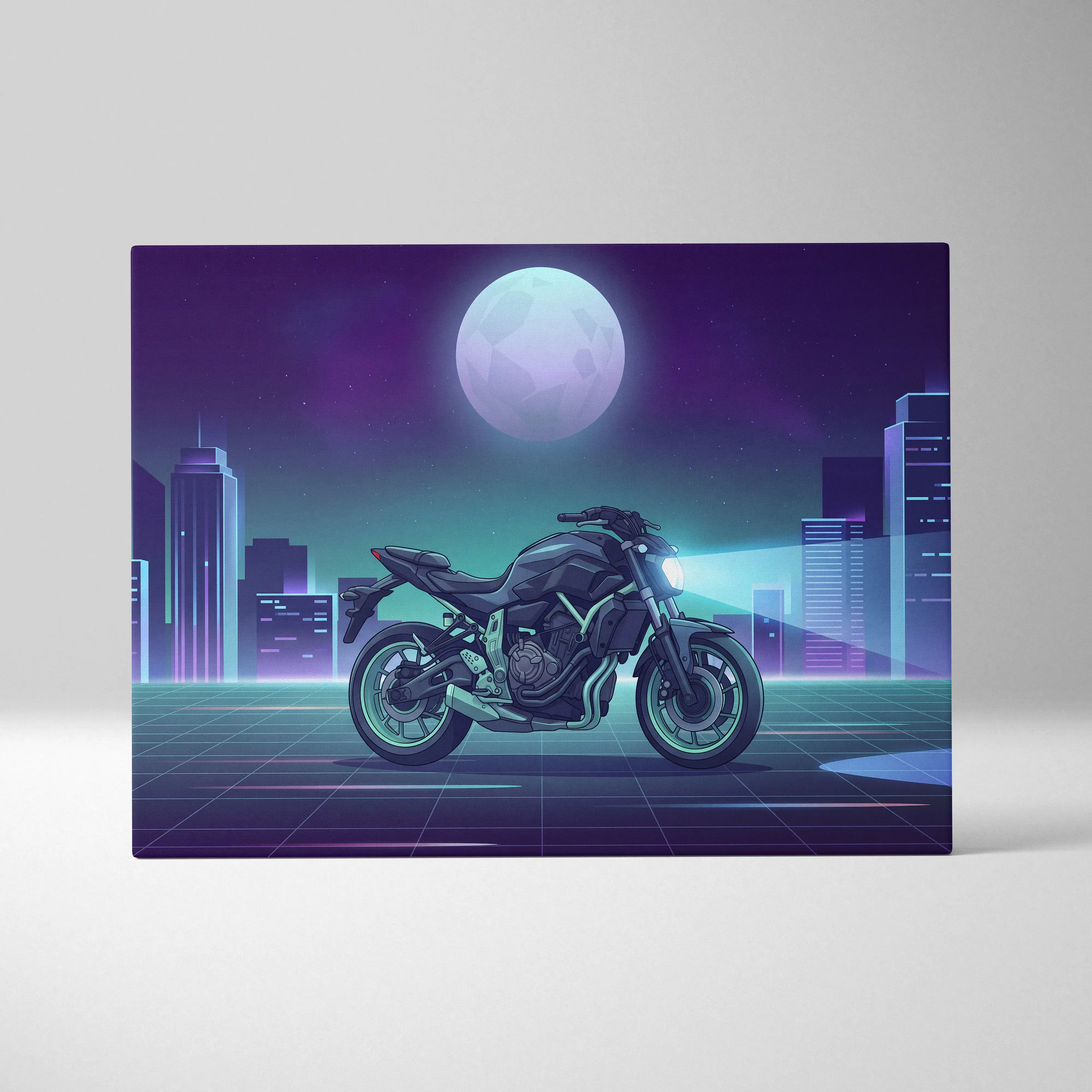 Yamaha MT-07 Inspired Teal Purple Vaporwave Motorcycle Canvas Wall Art Neon City Naked Bike Artwork Retro Futuristic Garage Decor