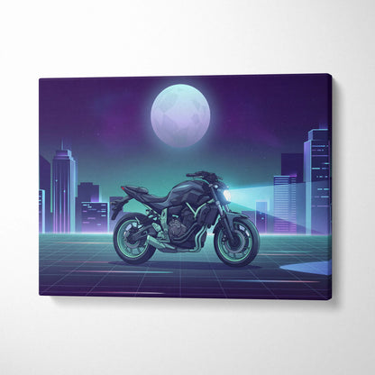 Yamaha MT-07 Inspired Teal Purple Vaporwave Motorcycle Canvas Wall Art Neon City Naked Bike Artwork Retro Futuristic Garage Decor