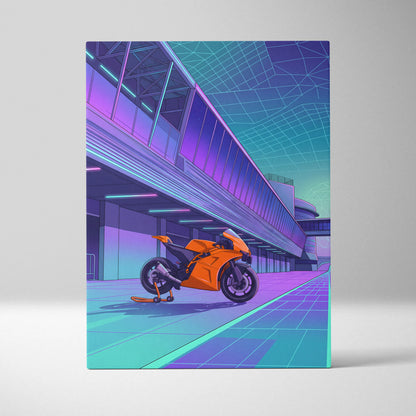 KTM RC8 Inspired Orange Cyan Motorcycle Canvas Wall Art Vaporwave Neon Track Sportbike Garage Decor Retro Futuristic Racing Artwork