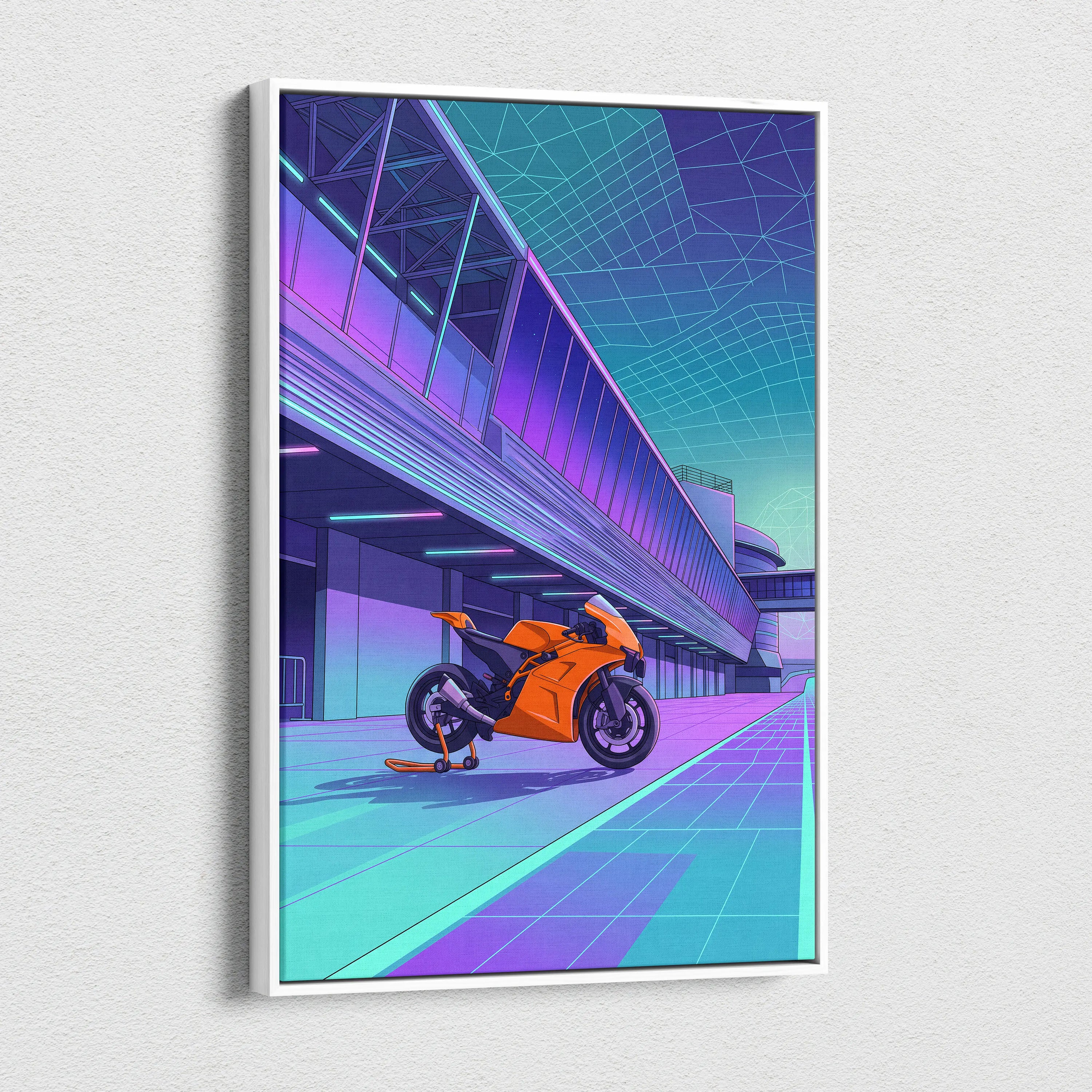 KTM RC8 Inspired Orange Cyan Motorcycle Canvas Wall Art Vaporwave Neon Track Sportbike Garage Decor Retro Futuristic Racing Artwork