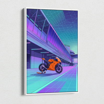 KTM RC8 Inspired Orange Cyan Motorcycle Canvas Wall Art Vaporwave Neon Track Sportbike Garage Decor Retro Futuristic Racing Artwork