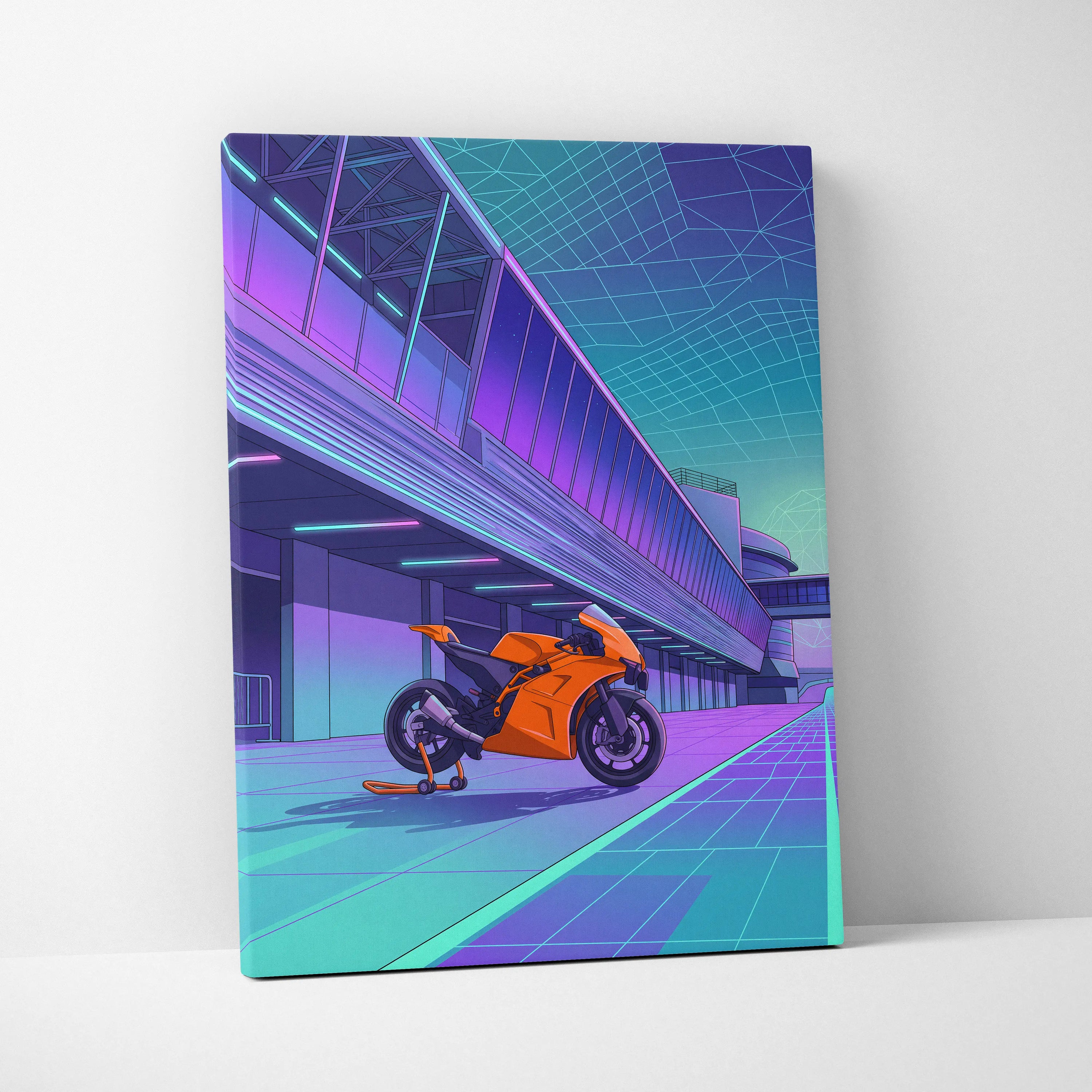 KTM RC8 Inspired Orange Cyan Motorcycle Canvas Wall Art Vaporwave Neon Track Sportbike Garage Decor Retro Futuristic Racing Artwork