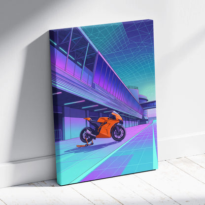 KTM RC8 Inspired Orange Cyan Motorcycle Canvas Wall Art Vaporwave Neon Track Sportbike Garage Decor Retro Futuristic Racing Artwork