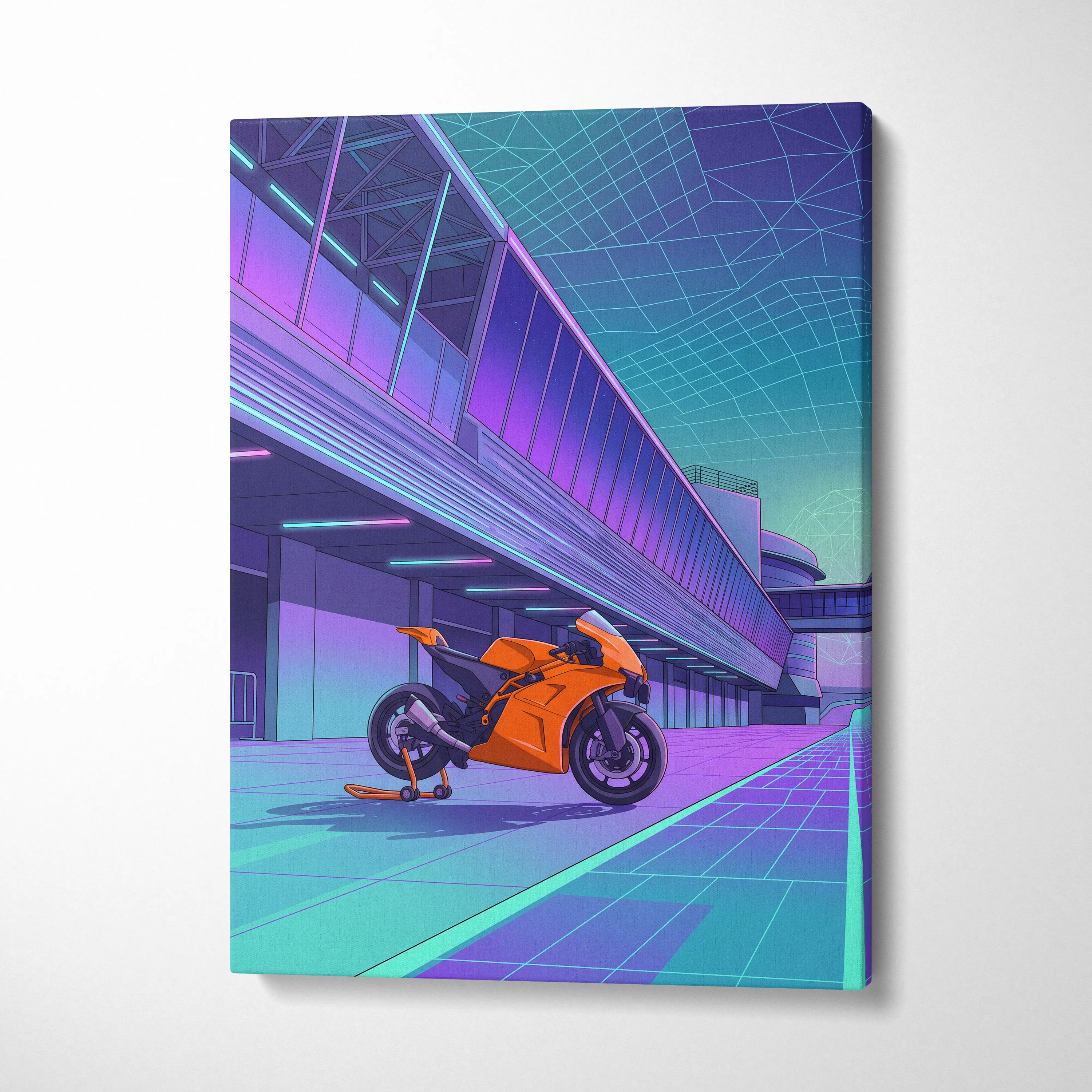 KTM RC8 Inspired Orange Cyan Motorcycle Canvas Wall Art Vaporwave Neon Track Sportbike Garage Decor Retro Futuristic Racing Artwork