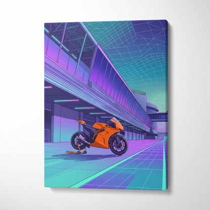 KTM RC8 Inspired Orange Cyan Motorcycle Canvas Wall Art Vaporwave Neon Track Sportbike Garage Decor Retro Futuristic Racing Artwork