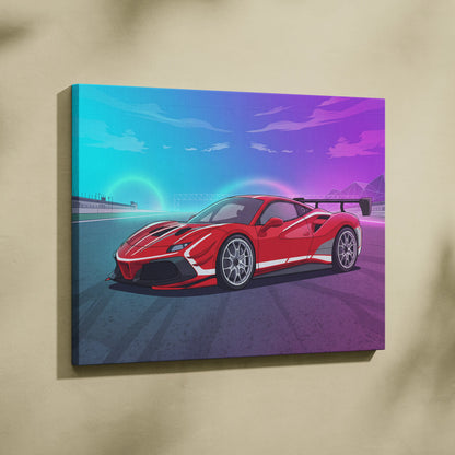 Ferrari 488 Challenge Inspired Canvas Wall Art - Red Track Car Artwork with Neon Racing Energy for Garage, Office & Motorsport Decor