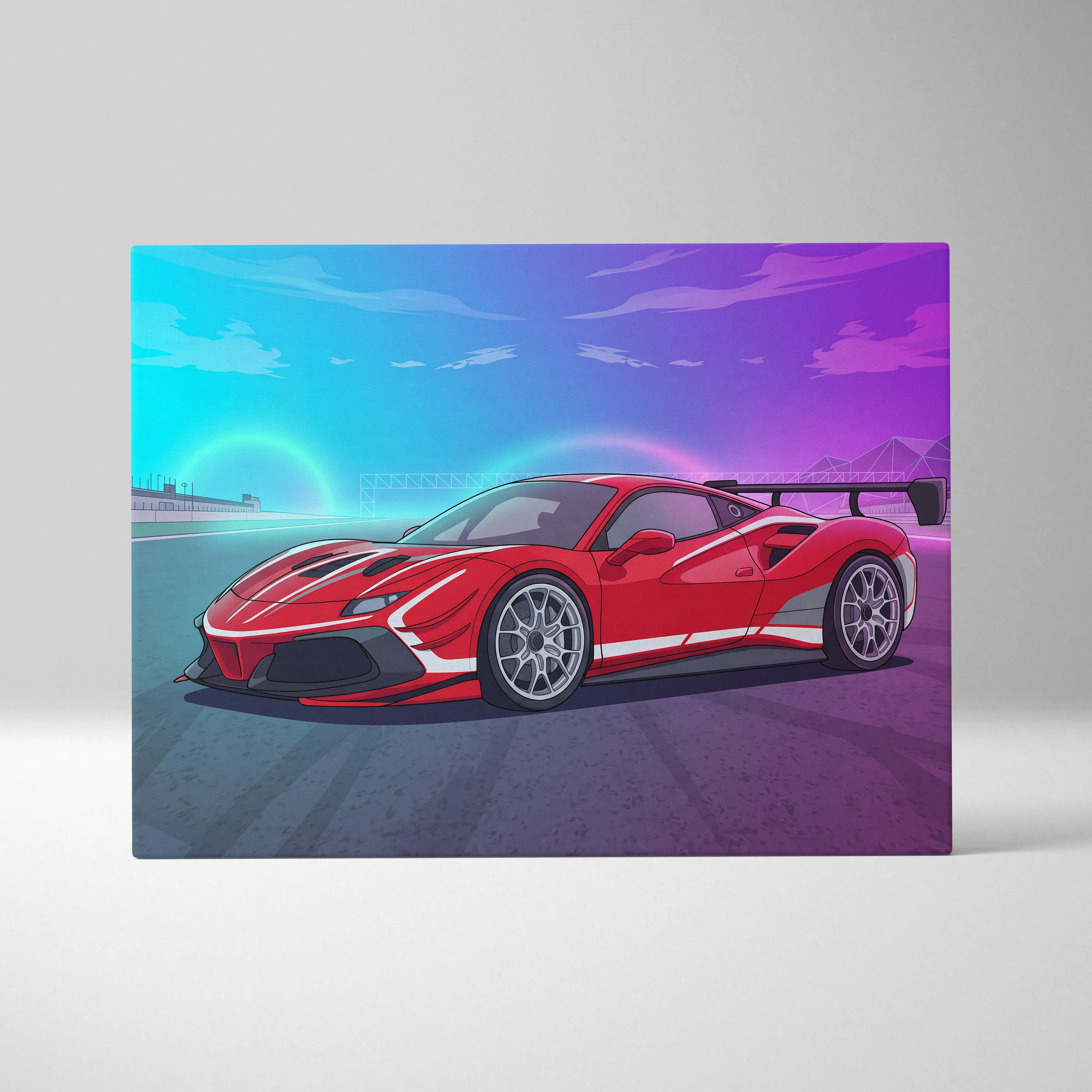 Ferrari 488 Challenge Inspired Canvas Wall Art - Red Track Car Artwork with Neon Racing Energy for Garage, Office & Motorsport Decor