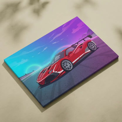 Ferrari 488 Challenge Inspired Canvas Wall Art - Red Track Car Artwork with Neon Racing Energy for Garage, Office & Motorsport Decor